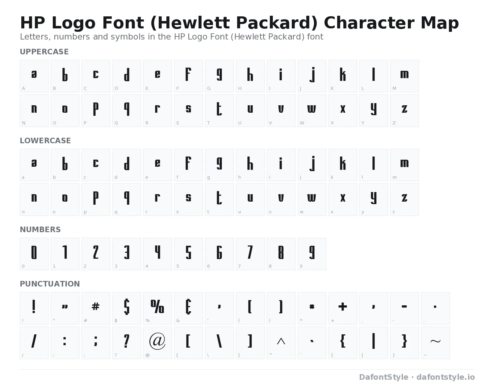 HP Logo Font (Hewlett Packard) font character map with uppercase and lowercase letters, numbers and symbols