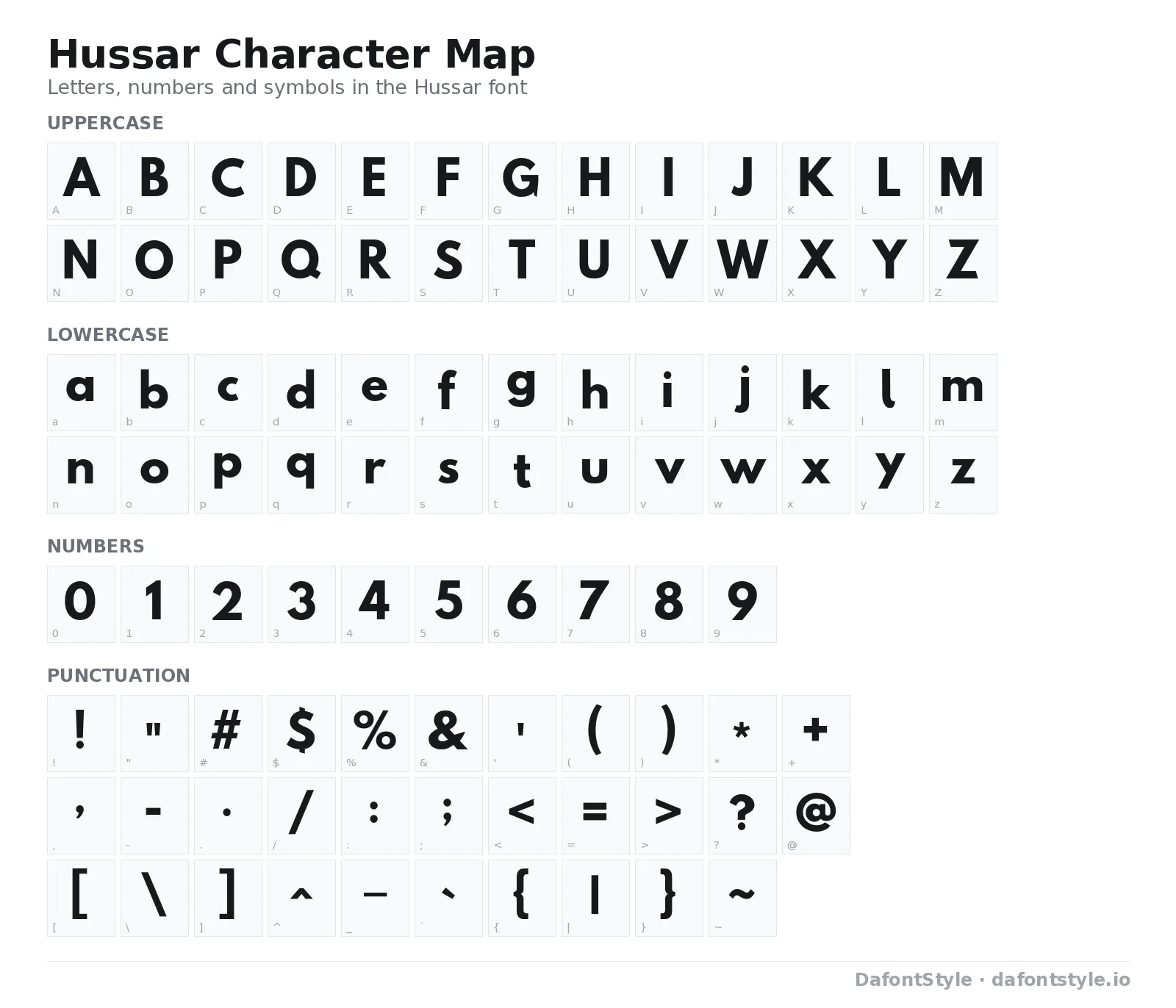 Hussar font character map with uppercase and lowercase letters, numbers and symbols