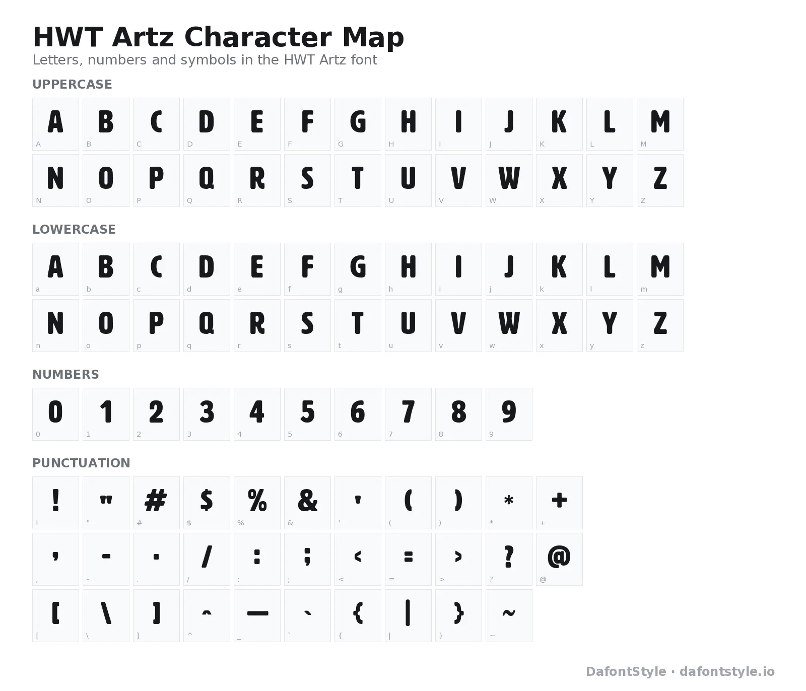 HWT Artz font character map with uppercase and lowercase letters, numbers and symbols