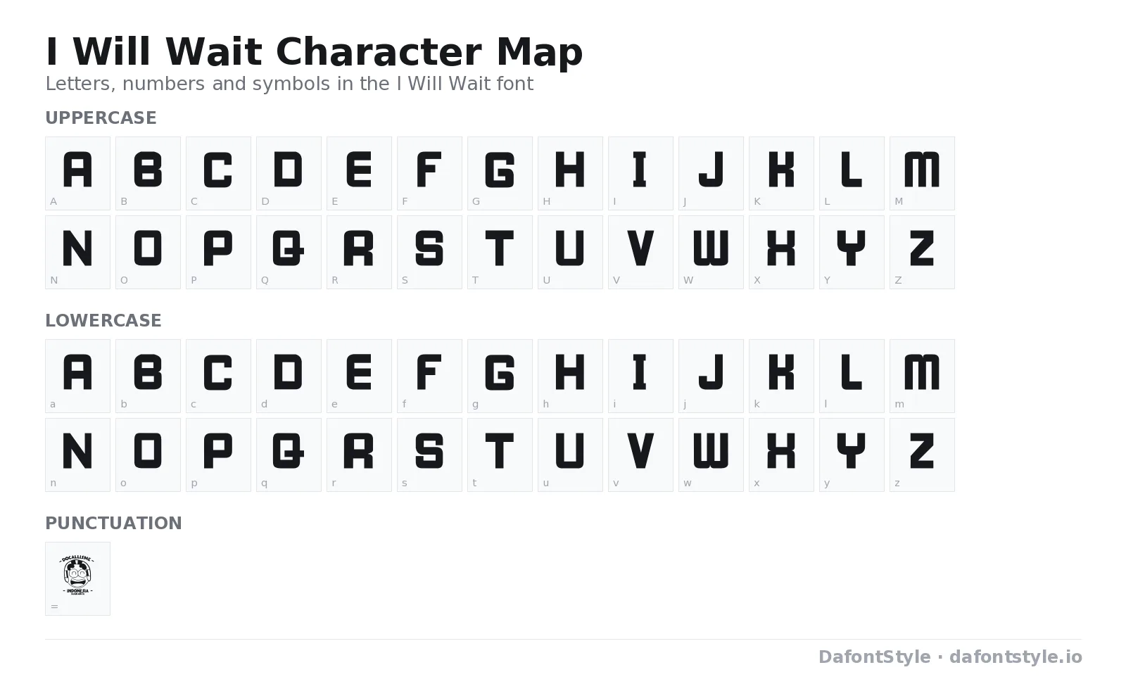 I Will Wait font character map with uppercase and lowercase letters, numbers and symbols