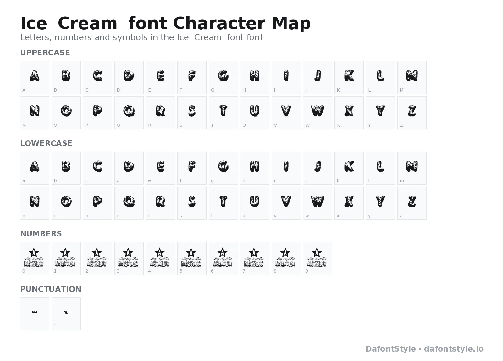 Ice Cream font font character map with uppercase and lowercase letters, numbers and symbols