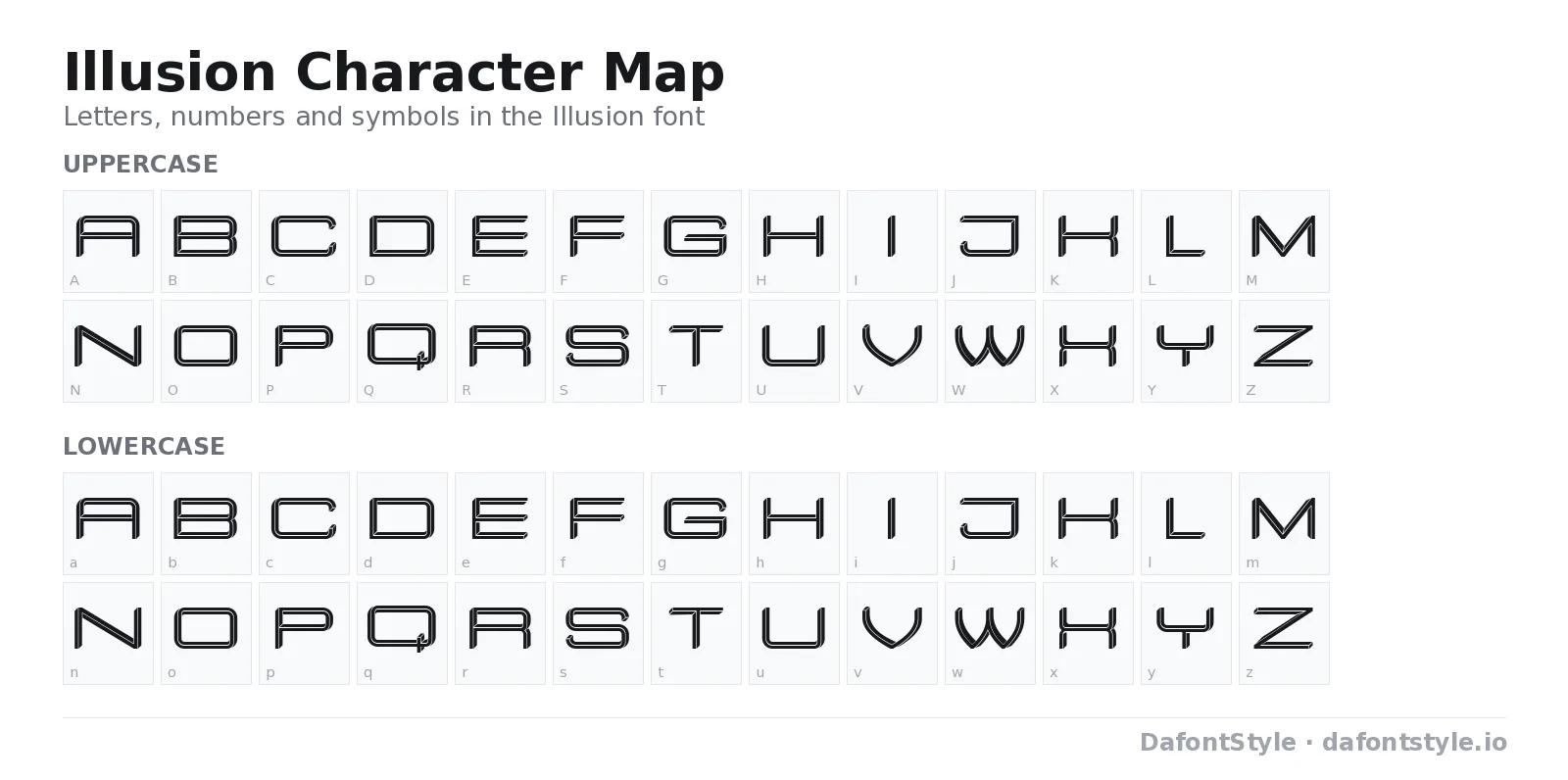 Illusion font character map with uppercase and lowercase letters, numbers and symbols