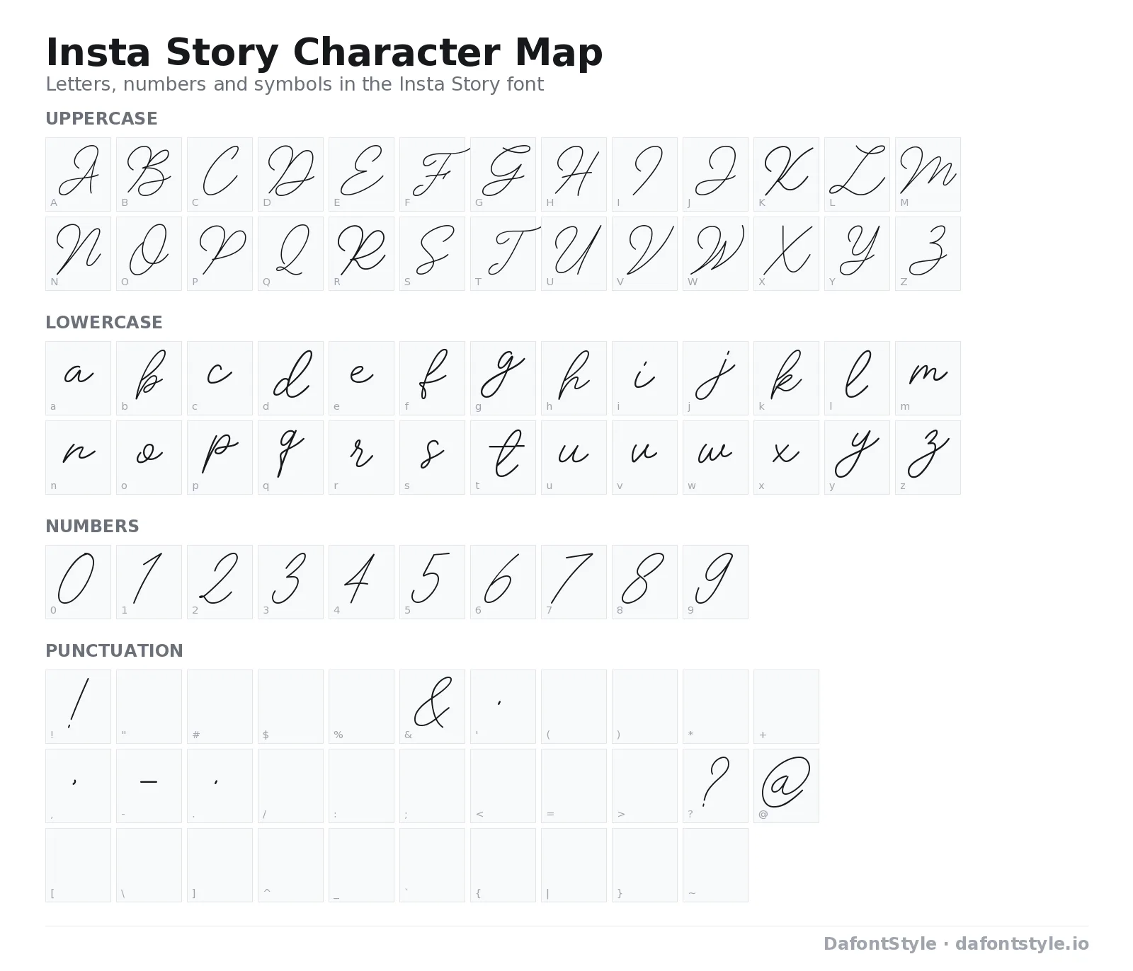 Insta Story font character map with uppercase and lowercase letters, numbers and symbols