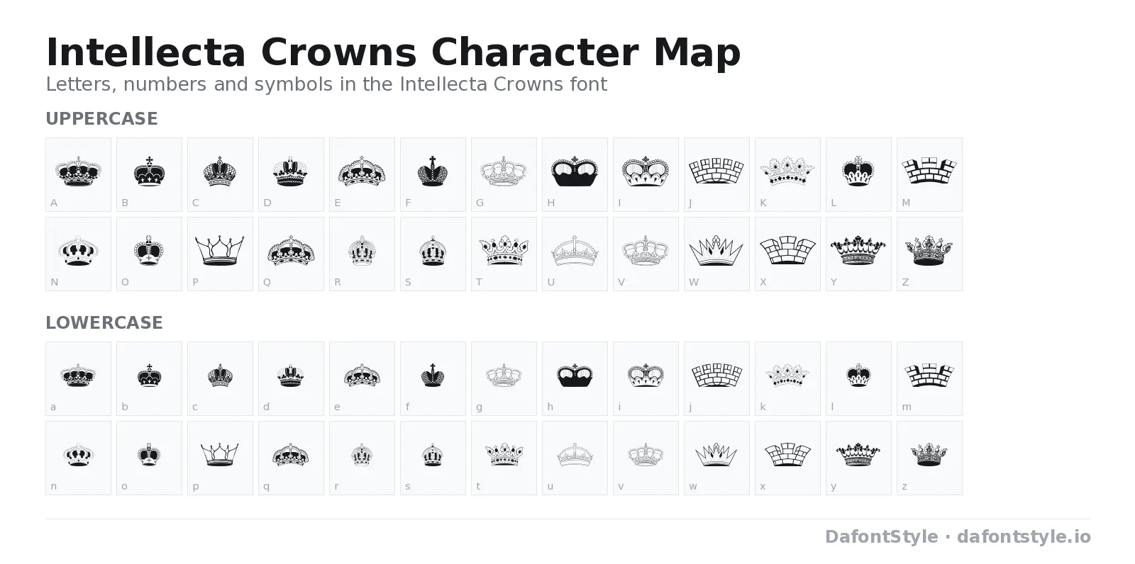 Intellecta Crowns font character map with uppercase and lowercase letters, numbers and symbols