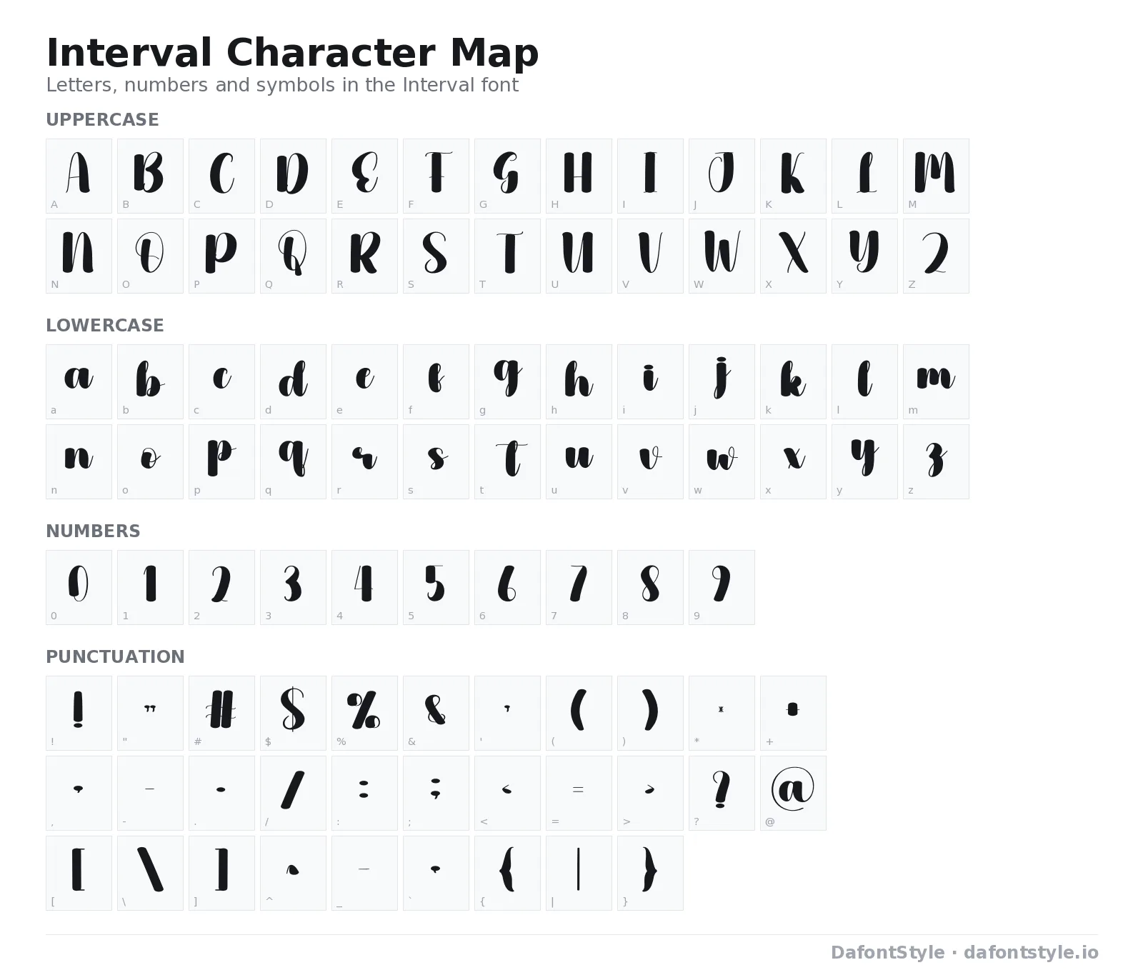 Interval font character map with uppercase and lowercase letters, numbers and symbols