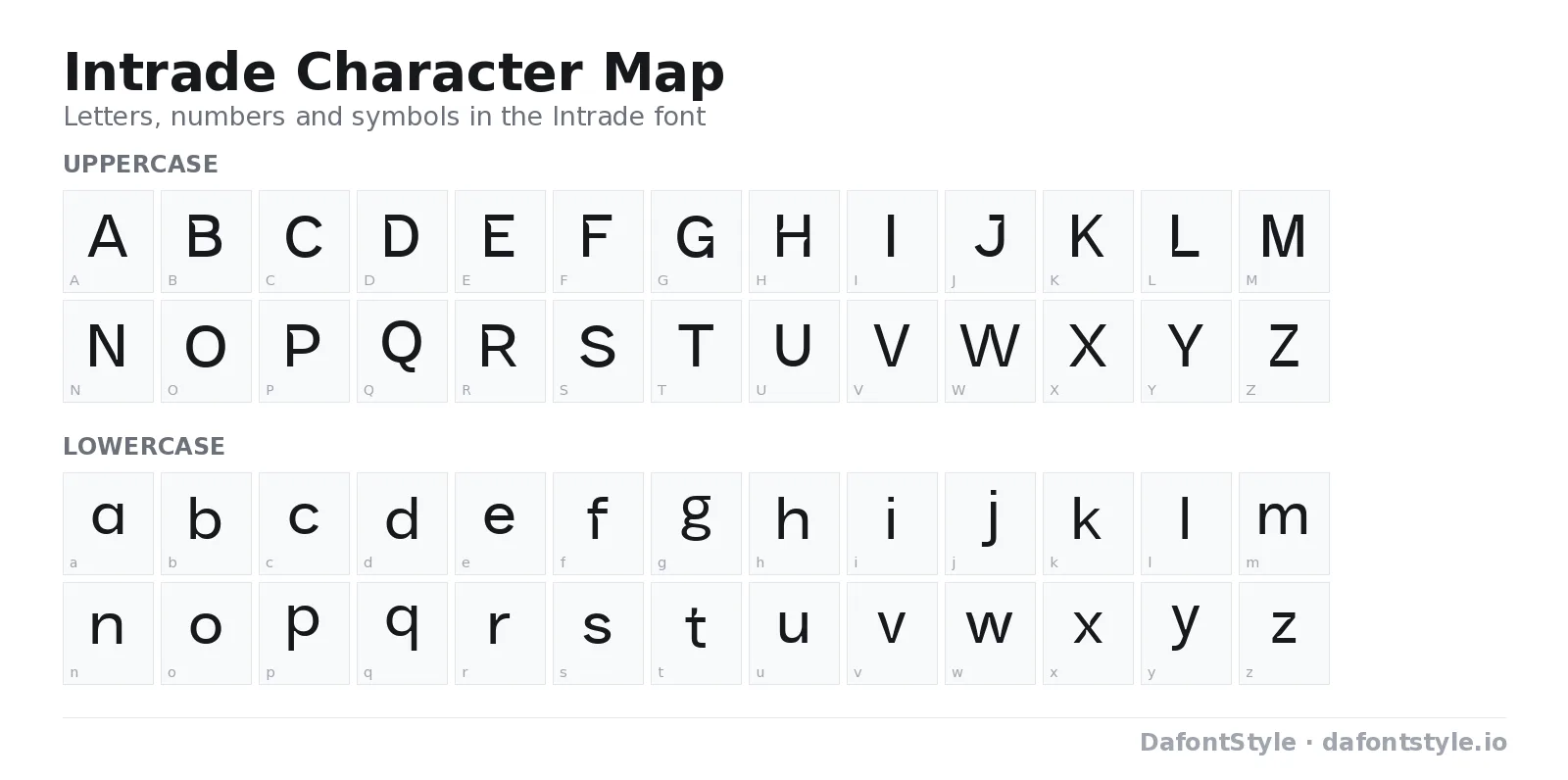 Intrade font character map with uppercase and lowercase letters, numbers and symbols
