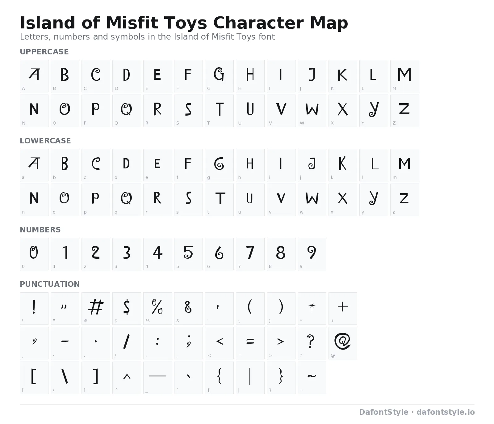 Island of Misfit Toys font character map with uppercase and lowercase letters, numbers and symbols
