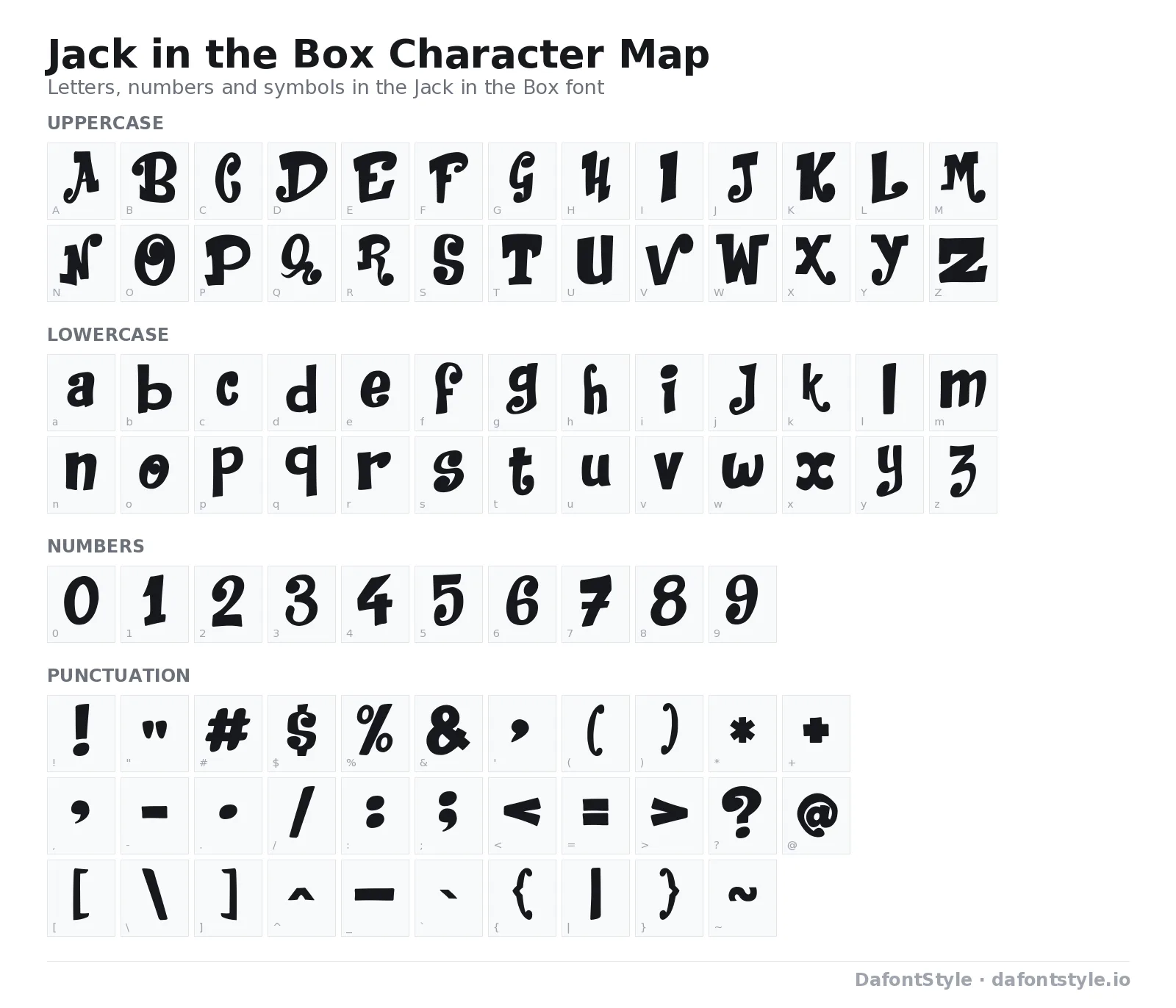 Jack in the Box font character map with uppercase and lowercase letters, numbers and symbols