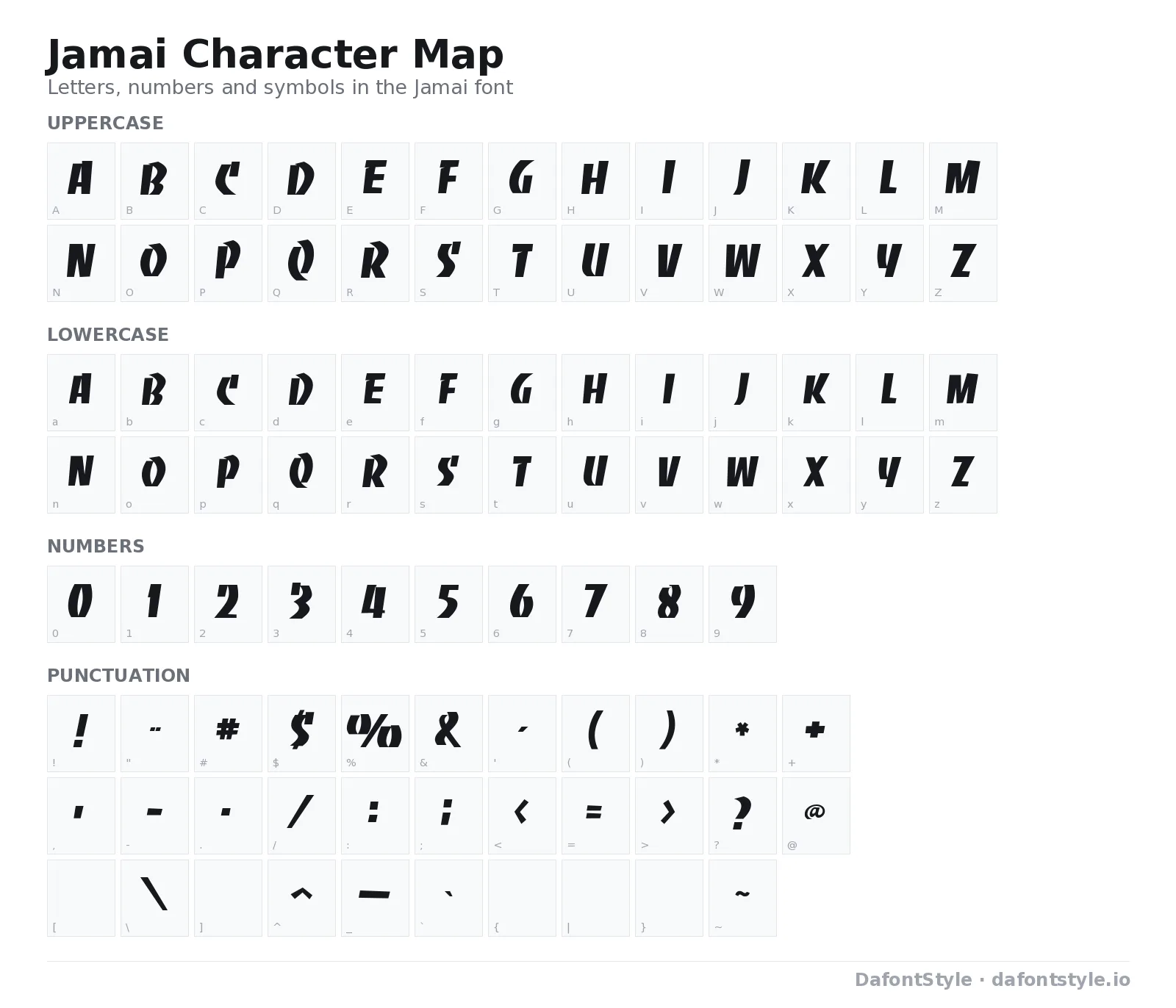 Jamai font character map with uppercase and lowercase letters, numbers and symbols