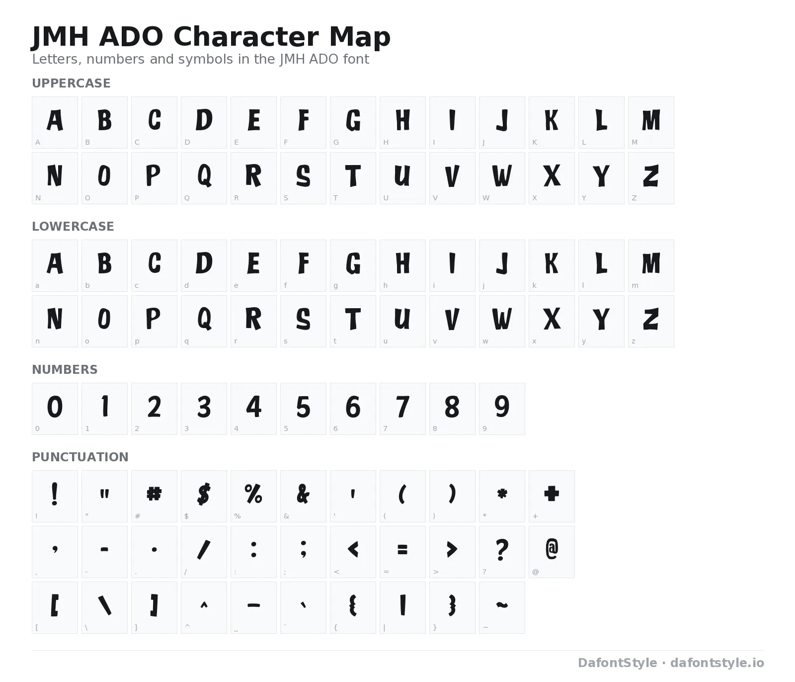 JMH ADO font character map with uppercase and lowercase letters, numbers and symbols