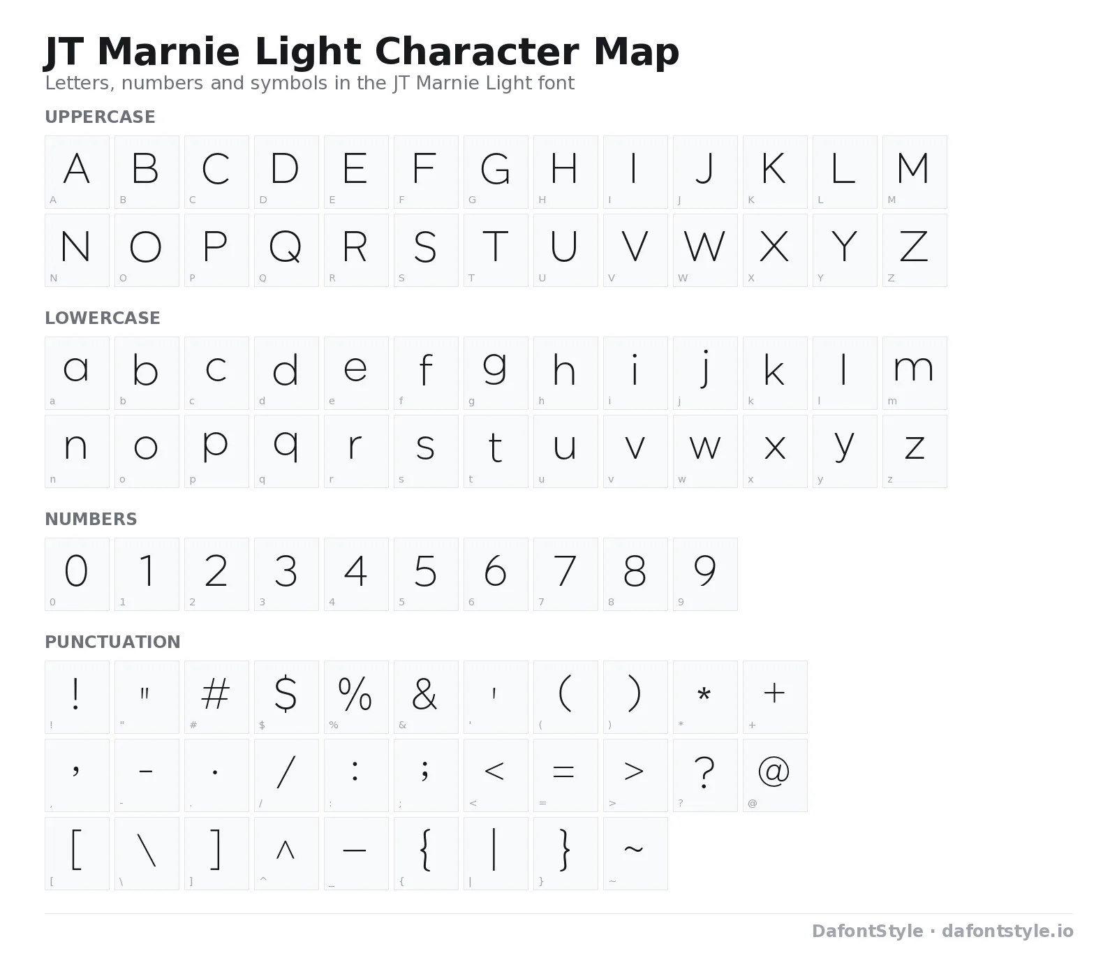 JT Marnie Light font character map with uppercase and lowercase letters, numbers and symbols