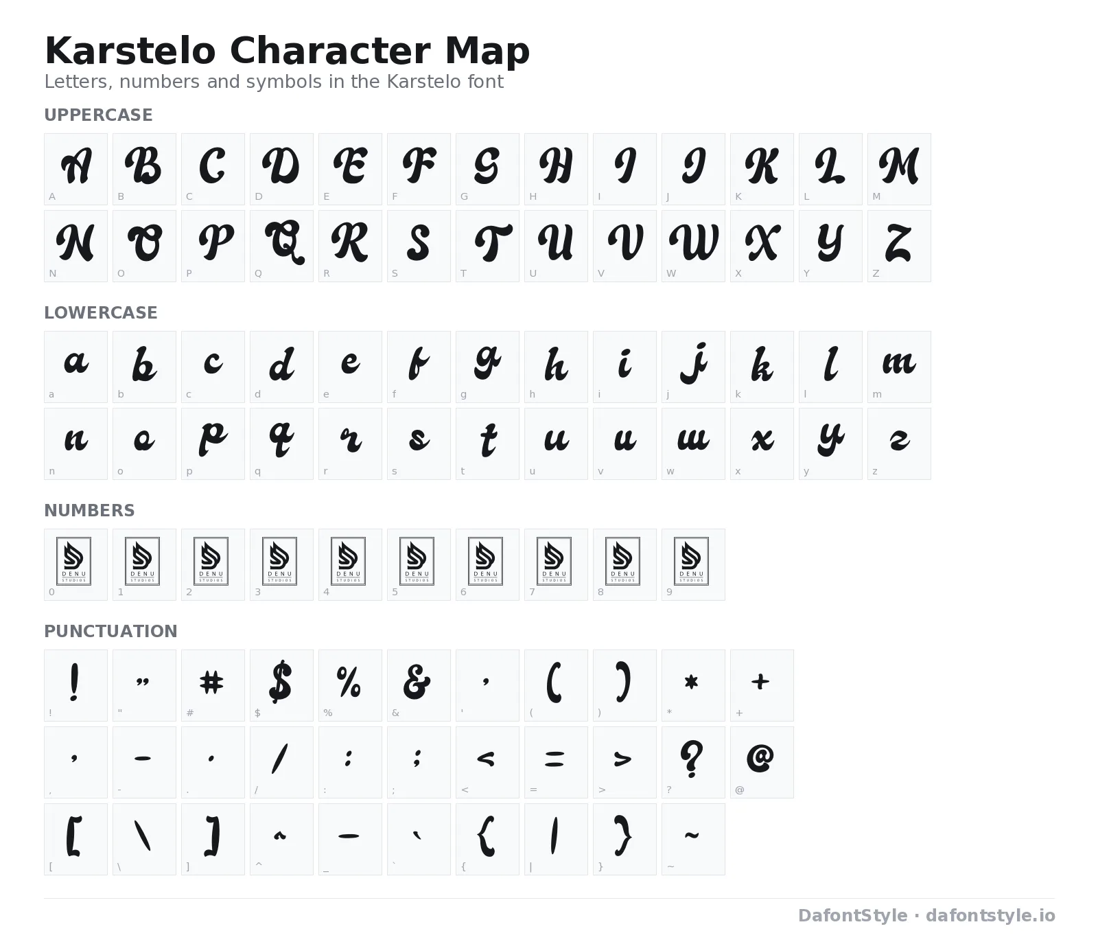 Karstelo font character map with uppercase and lowercase letters, numbers and symbols