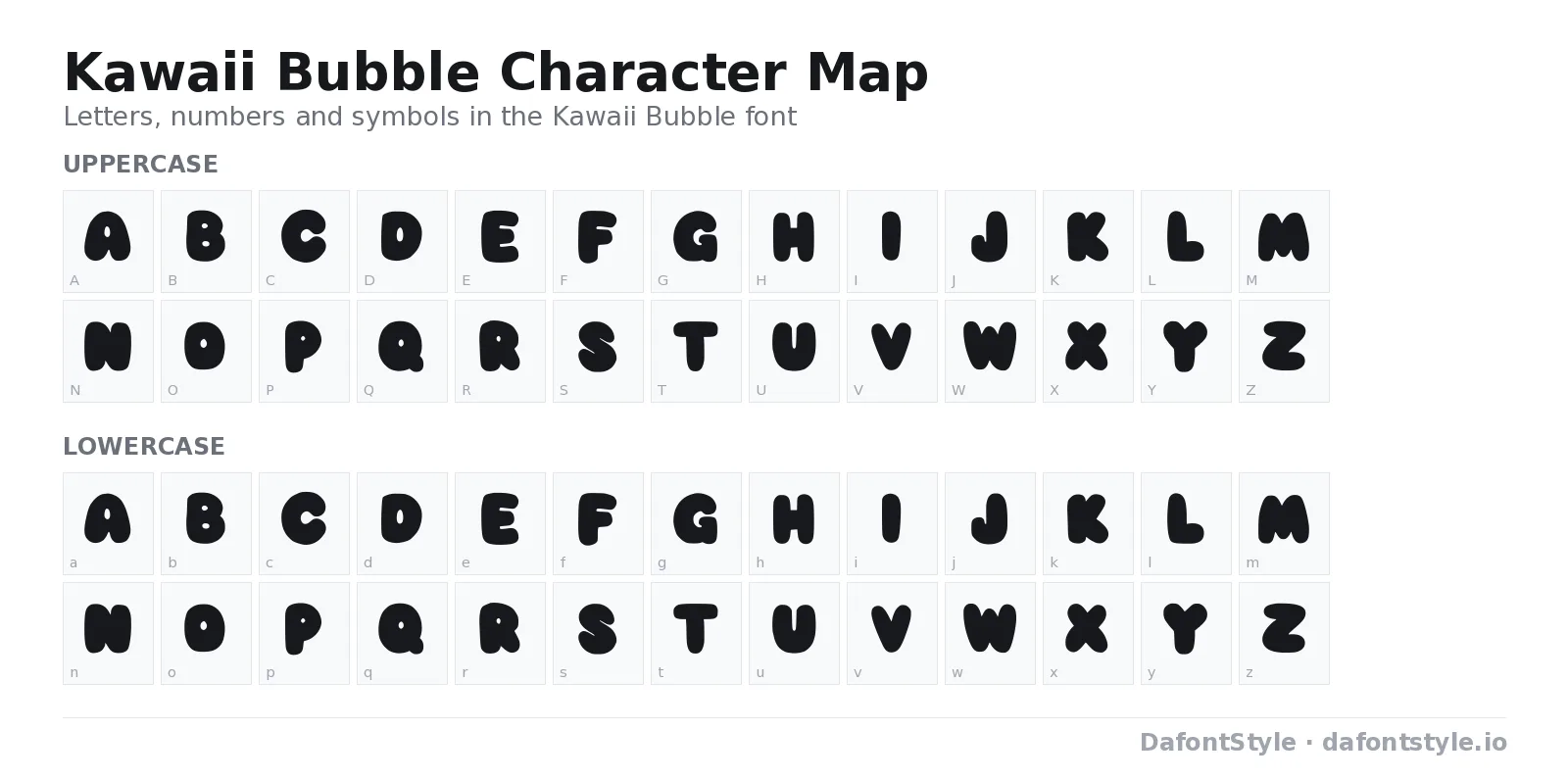 Kawaii Bubble font character map with uppercase and lowercase letters, numbers and symbols