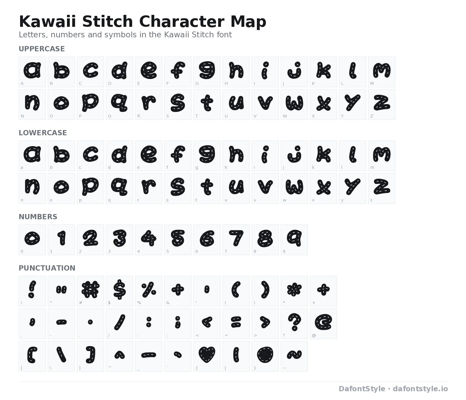 Kawaii Stitch font character map with uppercase and lowercase letters, numbers and symbols