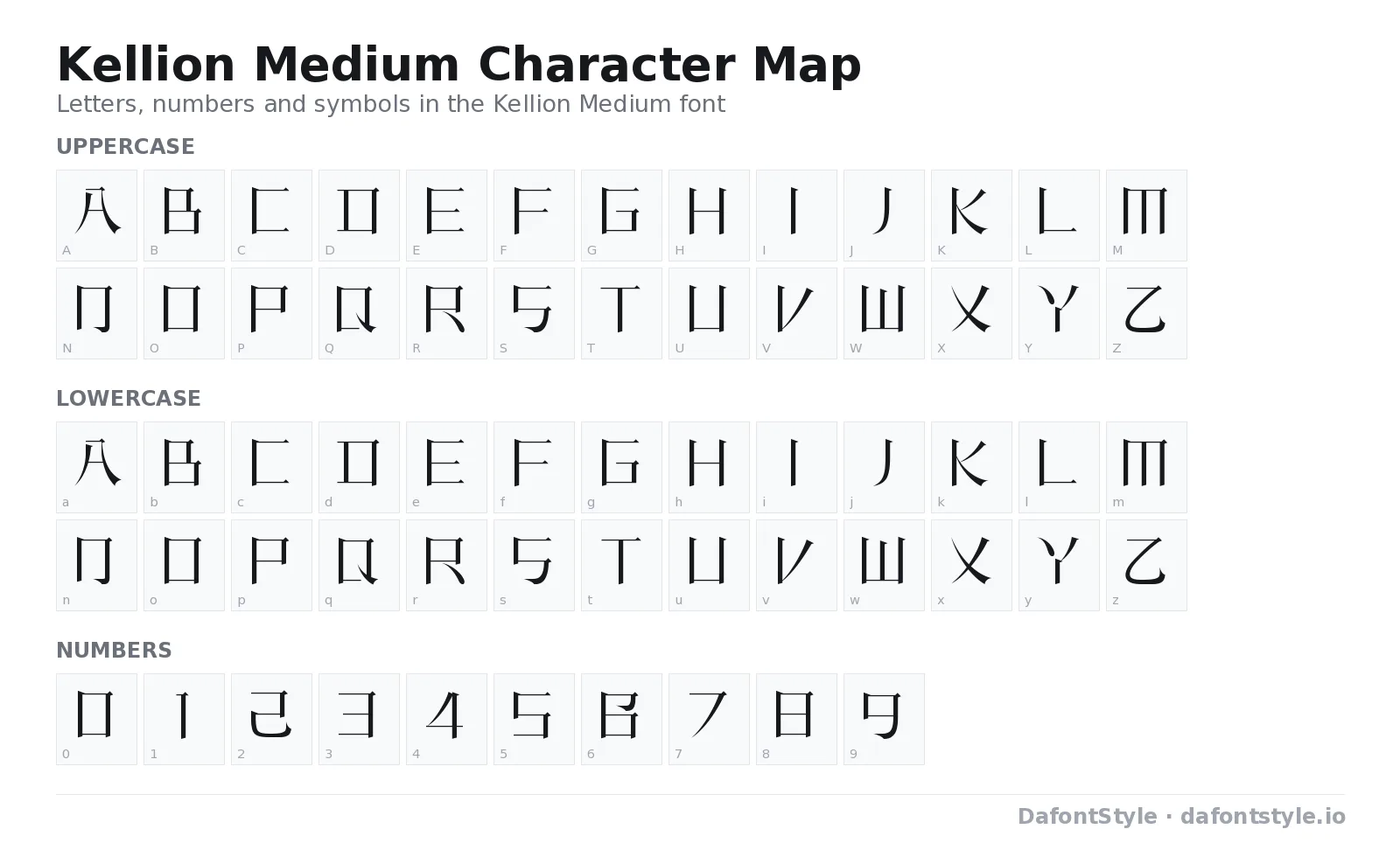 Kellion Medium font character map with uppercase and lowercase letters, numbers and symbols