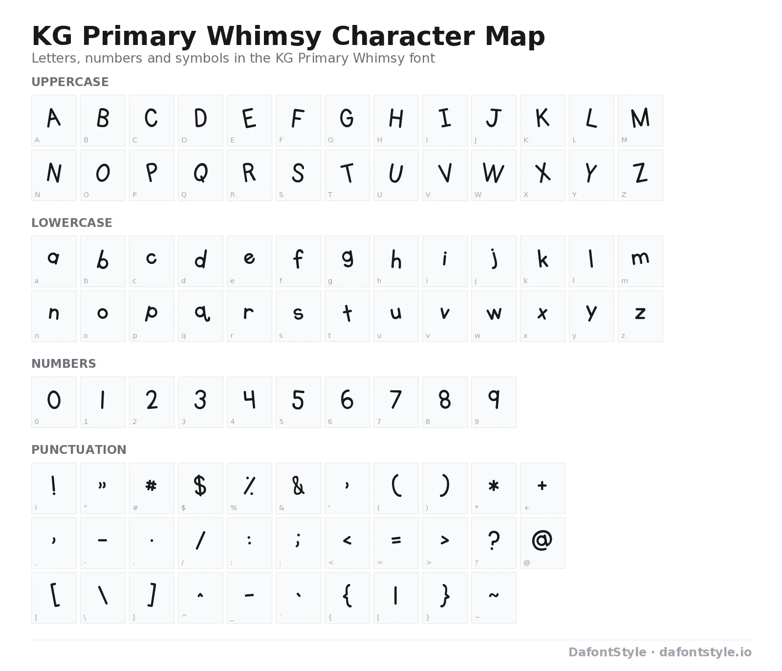KG Primary Whimsy font character map with uppercase and lowercase letters, numbers and symbols