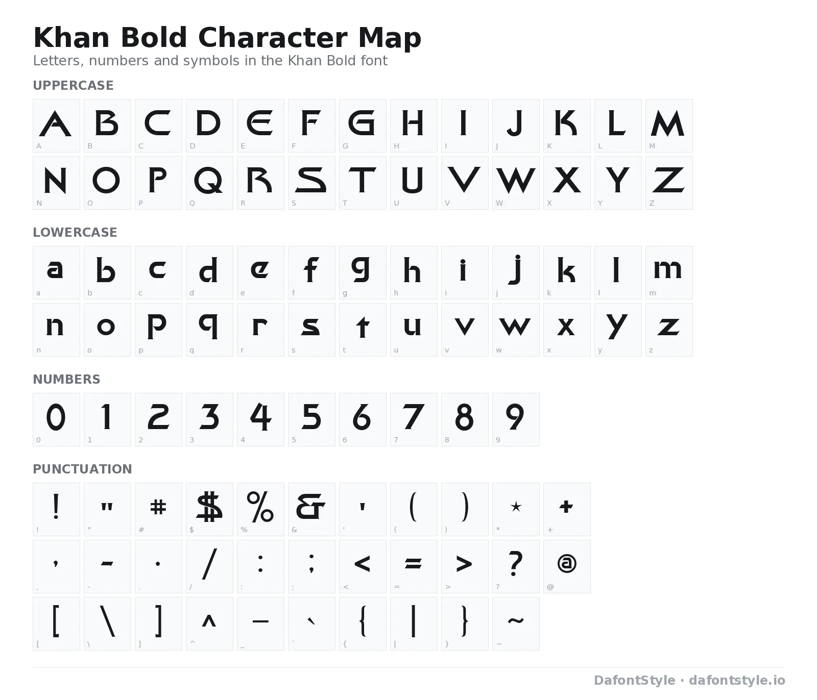Khan Bold font character map with uppercase and lowercase letters, numbers and symbols