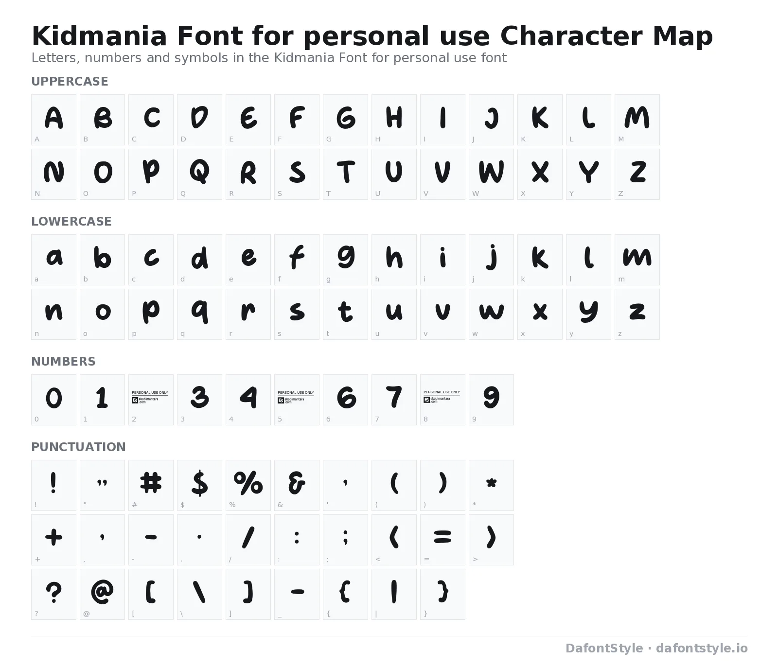 Kidmania Font for personal use font character map with uppercase and lowercase letters, numbers and symbols