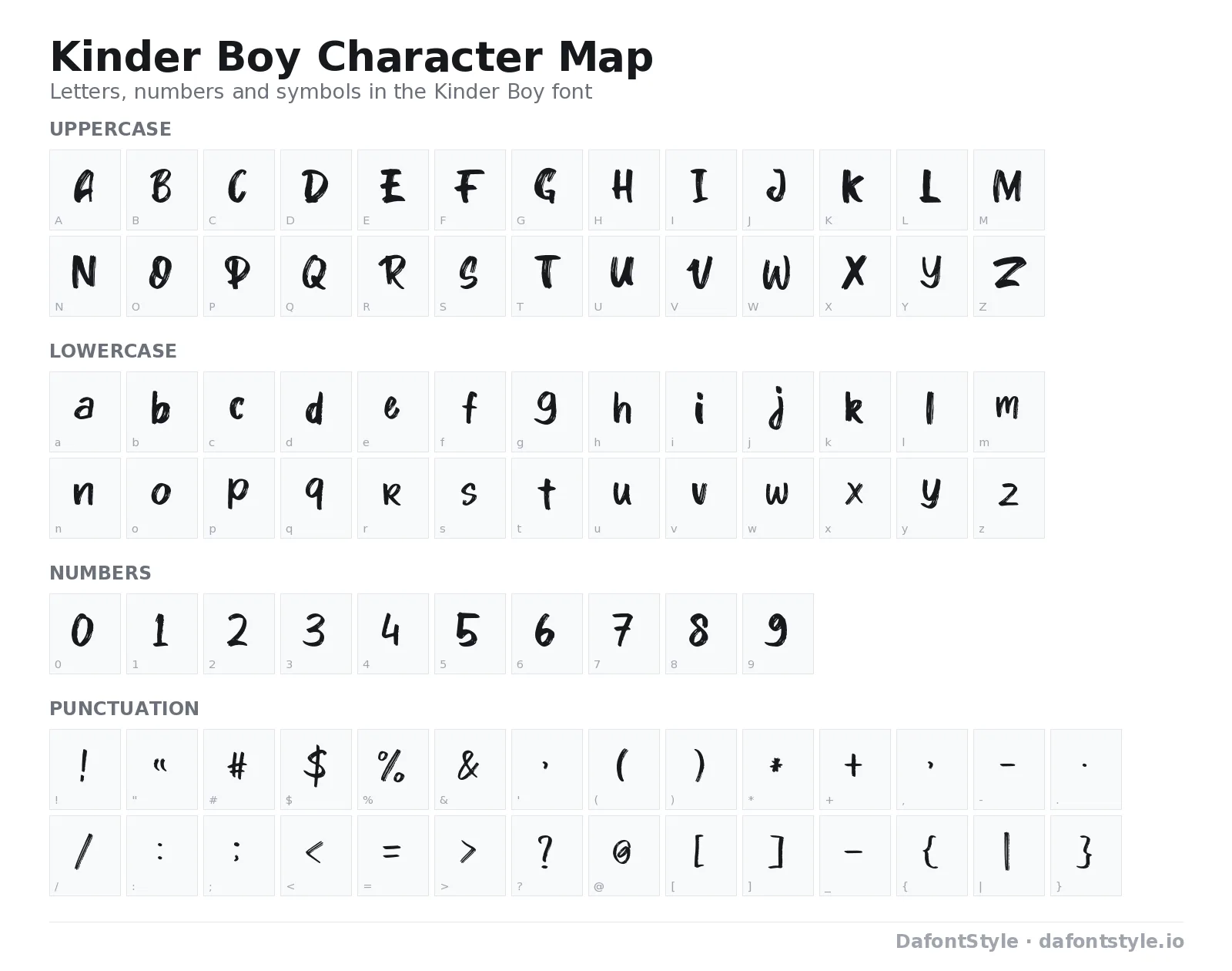 Kinder Boy font character map with uppercase and lowercase letters, numbers and symbols