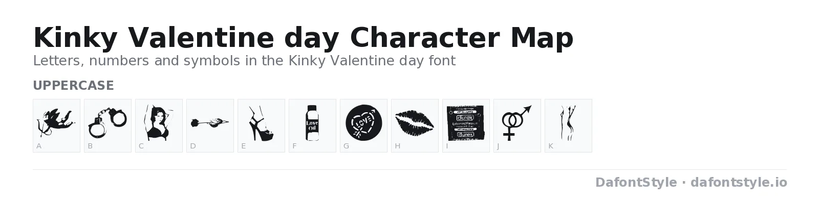 Kinky Valentine day font character map with uppercase and lowercase letters, numbers and symbols