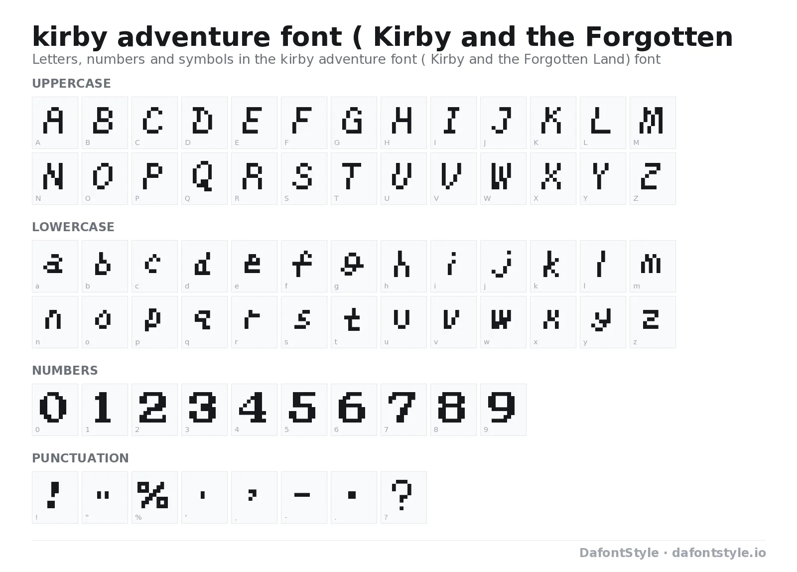 kirby adventure font ( Kirby and the Forgotten Land) font character map with uppercase and lowercase letters, numbers and symbols