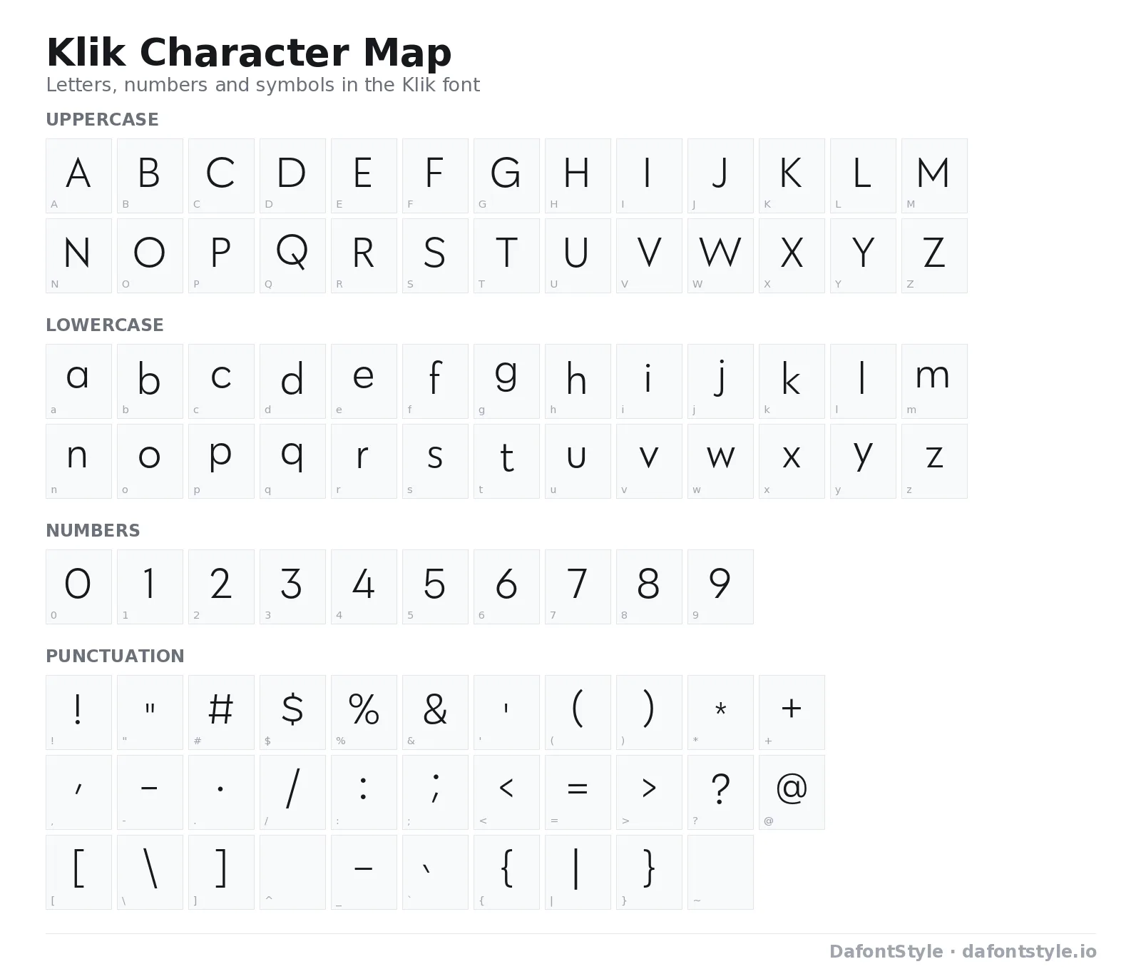 Klik font character map with uppercase and lowercase letters, numbers and symbols