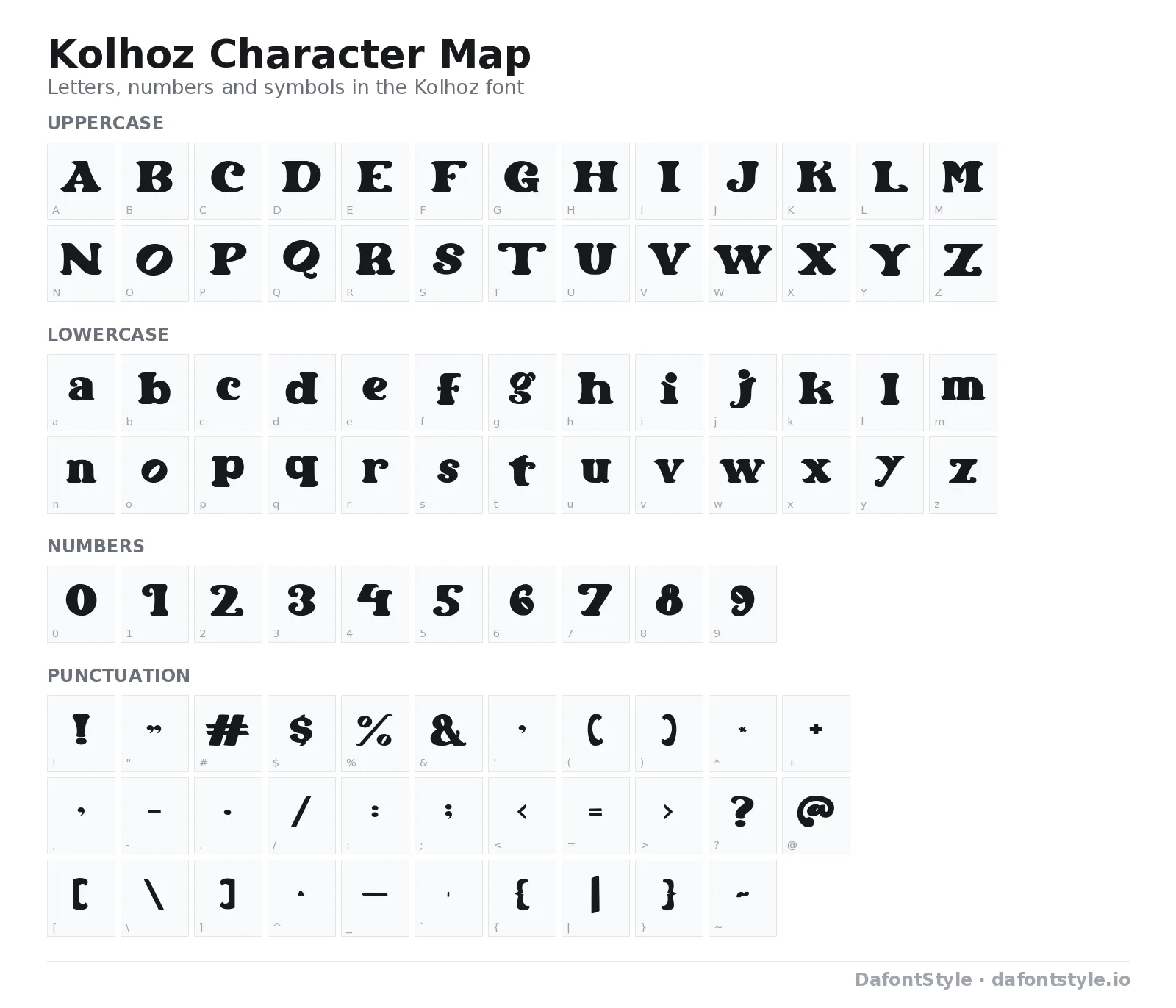 Kolhoz font character map with uppercase and lowercase letters, numbers and symbols