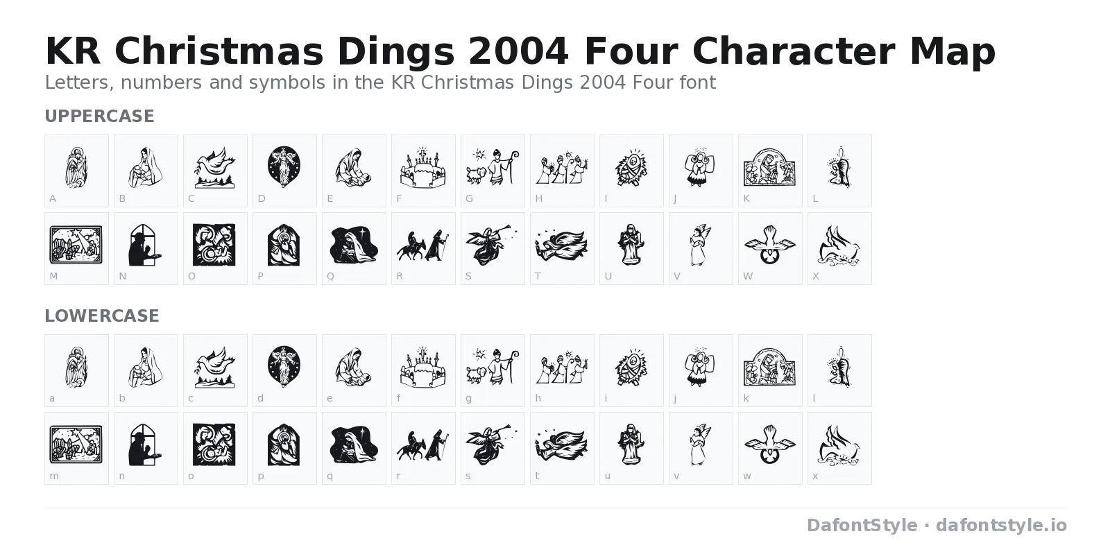 KR Christmas Dings 2004 Four font character map with uppercase and lowercase letters, numbers and symbols