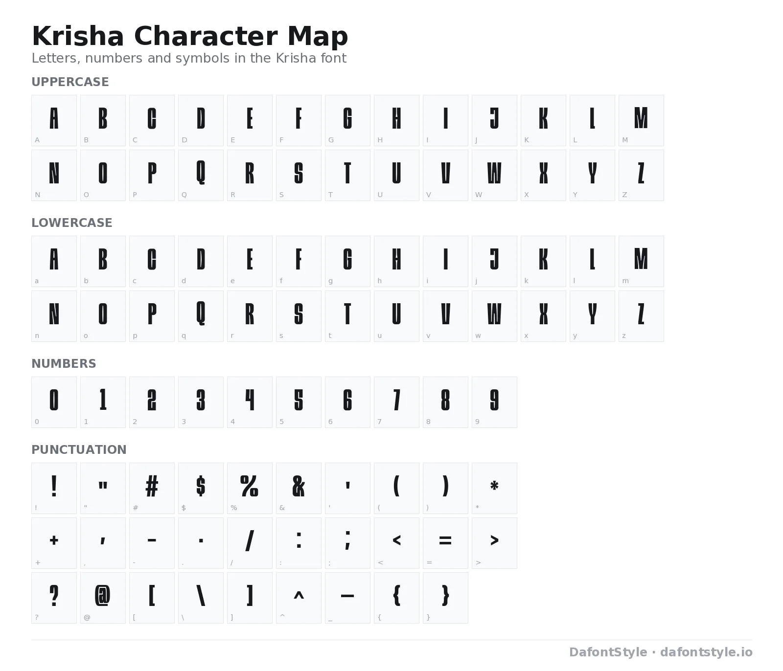Krisha font character map with uppercase and lowercase letters, numbers and symbols
