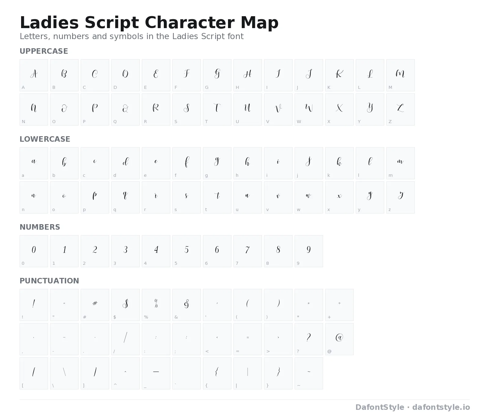 Ladies Script font character map with uppercase and lowercase letters, numbers and symbols