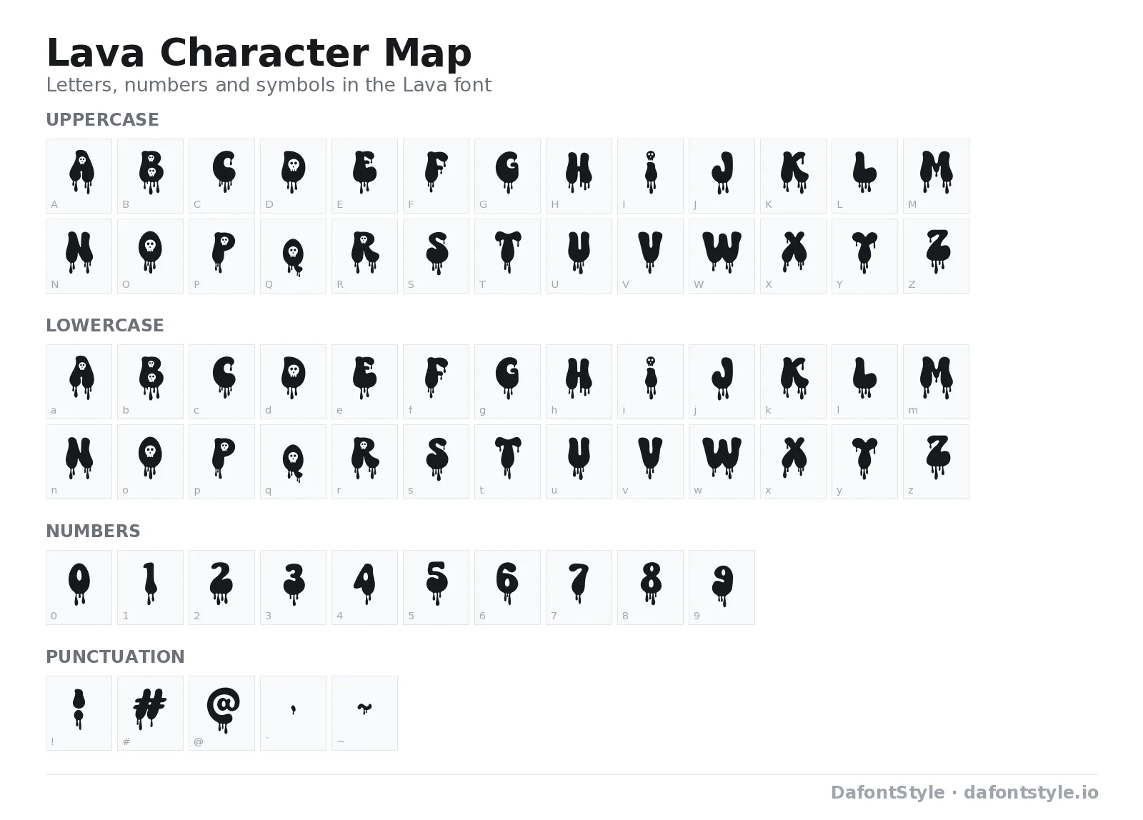 Lava font character map with uppercase and lowercase letters, numbers and symbols
