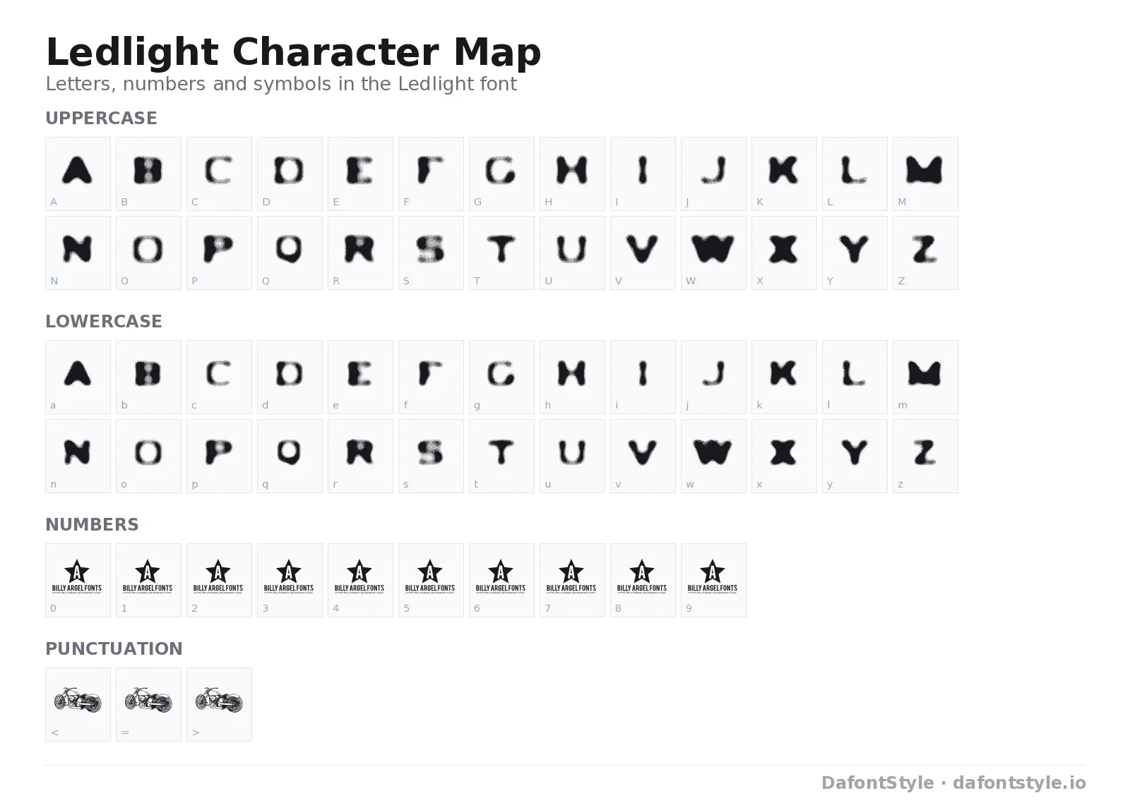 Ledlight font character map with uppercase and lowercase letters, numbers and symbols