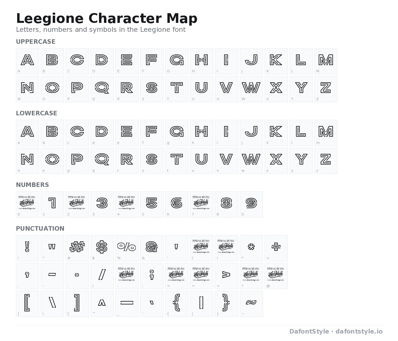 Leegione font character map with uppercase and lowercase letters, numbers and symbols