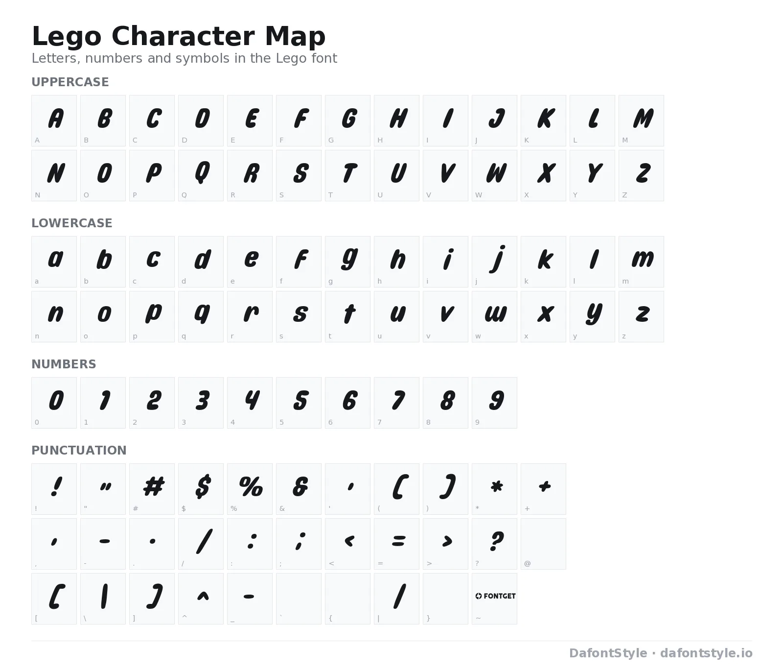Lego font character map with uppercase and lowercase letters, numbers and symbols