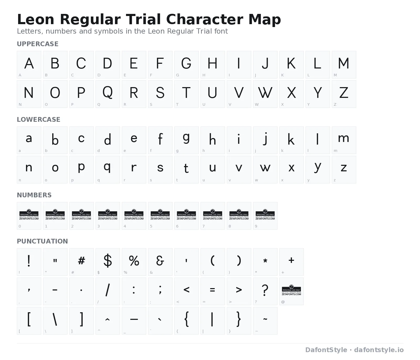 Leon Regular Trial font character map with uppercase and lowercase letters, numbers and symbols