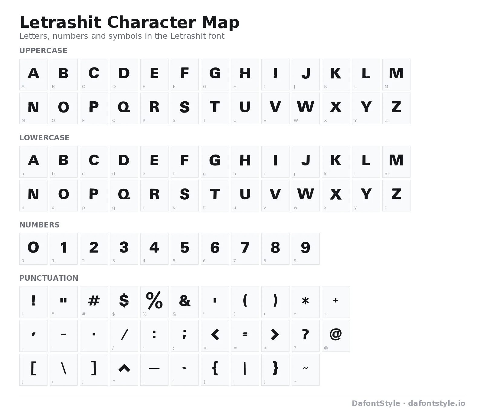 Letrashit font character map with uppercase and lowercase letters, numbers and symbols