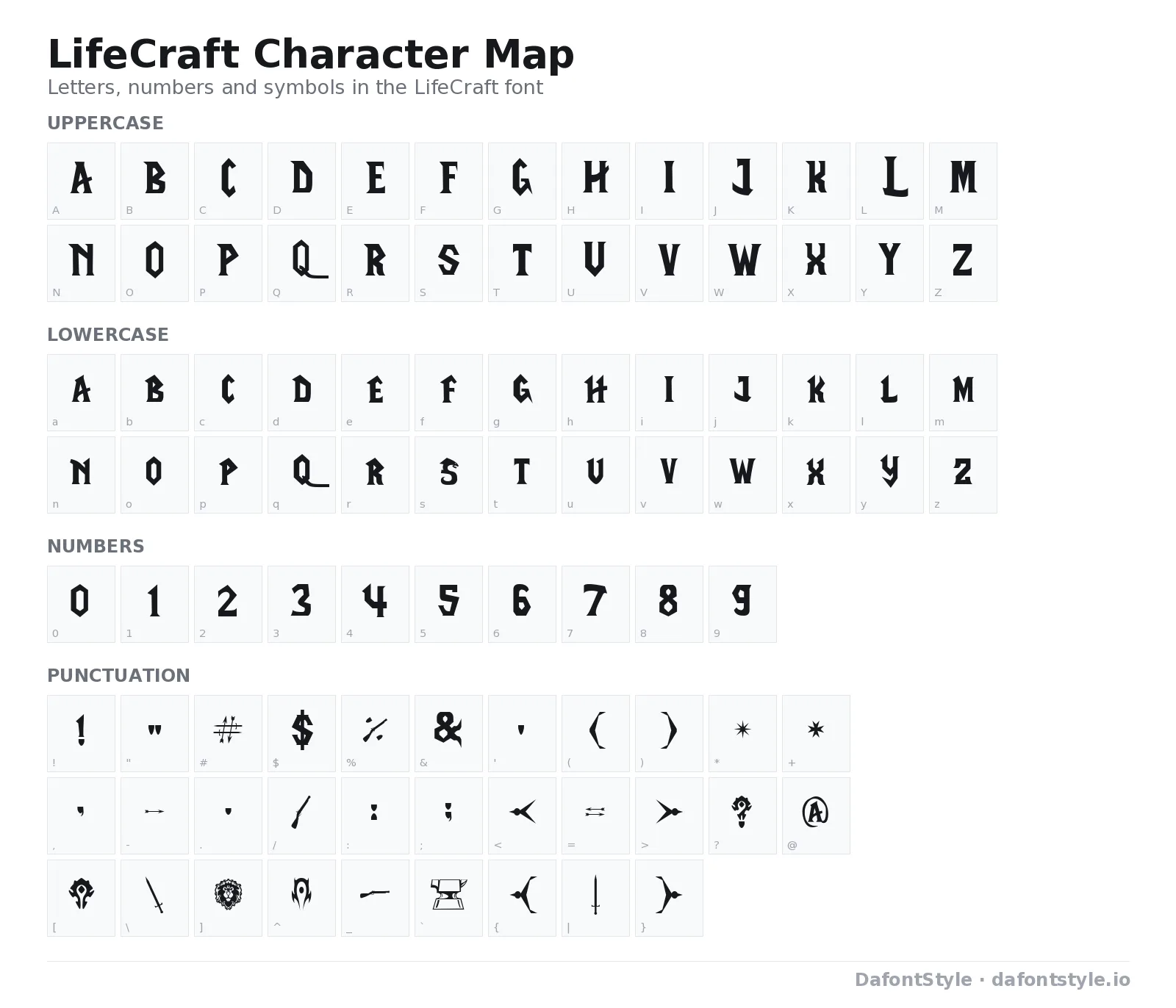 LifeCraft font character map with uppercase and lowercase letters, numbers and symbols