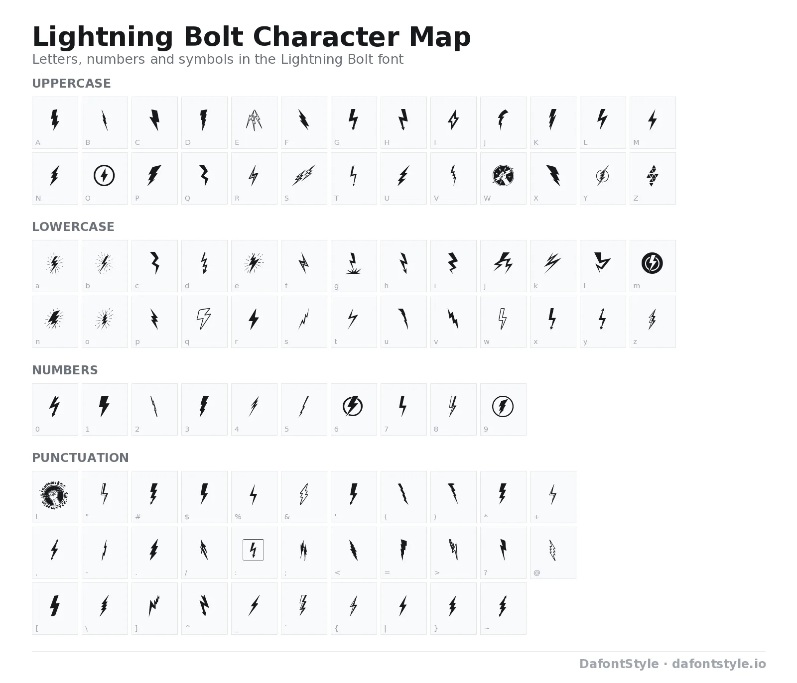 Lightning Bolt font character map with uppercase and lowercase letters, numbers and symbols