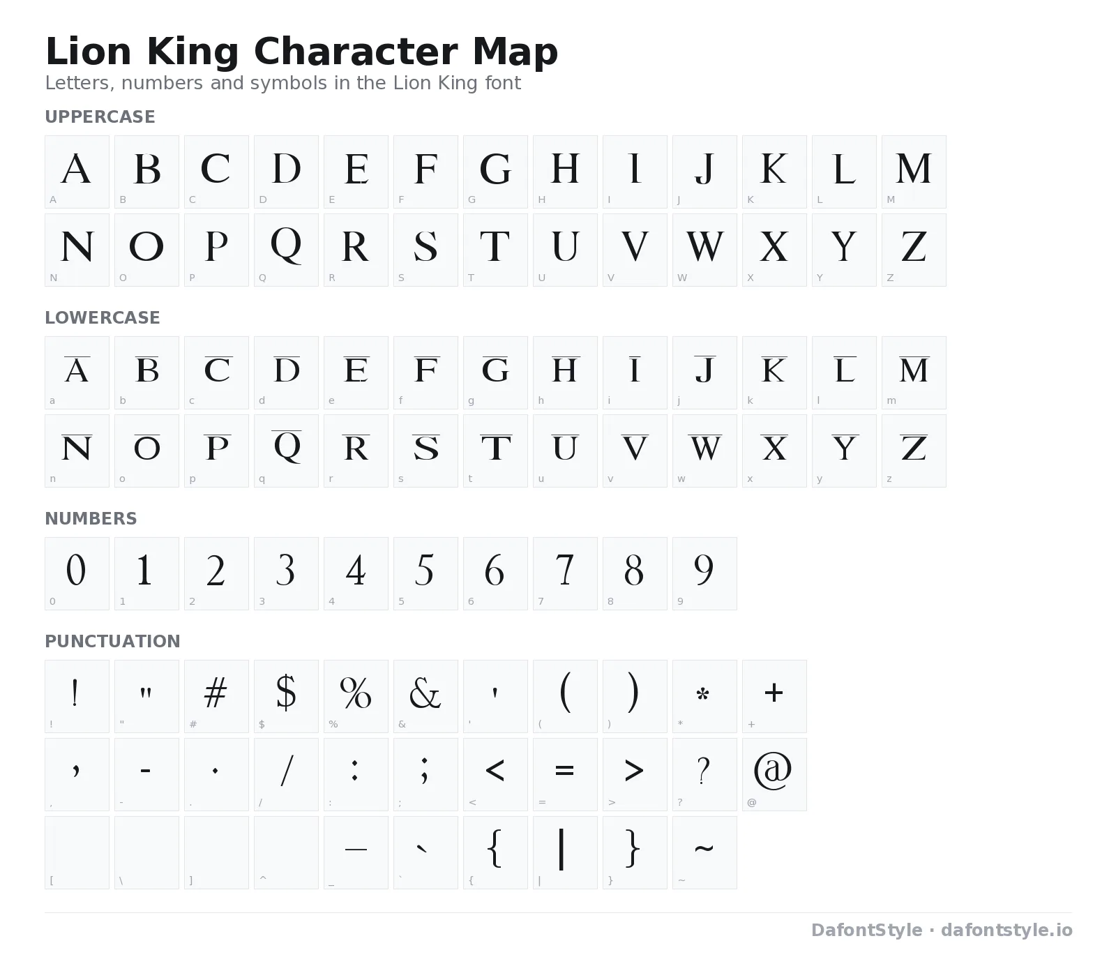 Lion King font character map with uppercase and lowercase letters, numbers and symbols