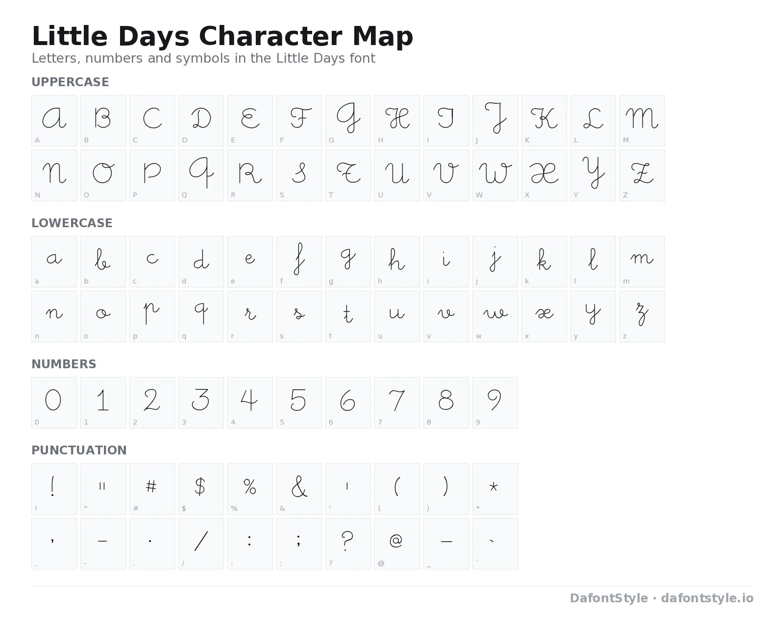 Little Days font character map with uppercase and lowercase letters, numbers and symbols