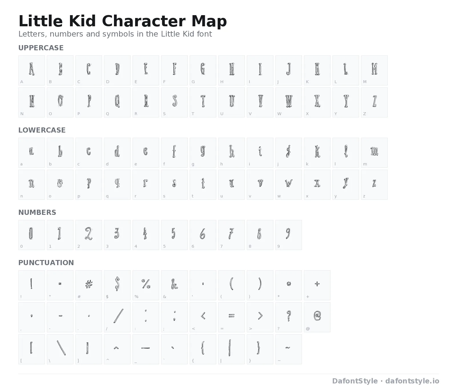Little Kid font character map with uppercase and lowercase letters, numbers and symbols