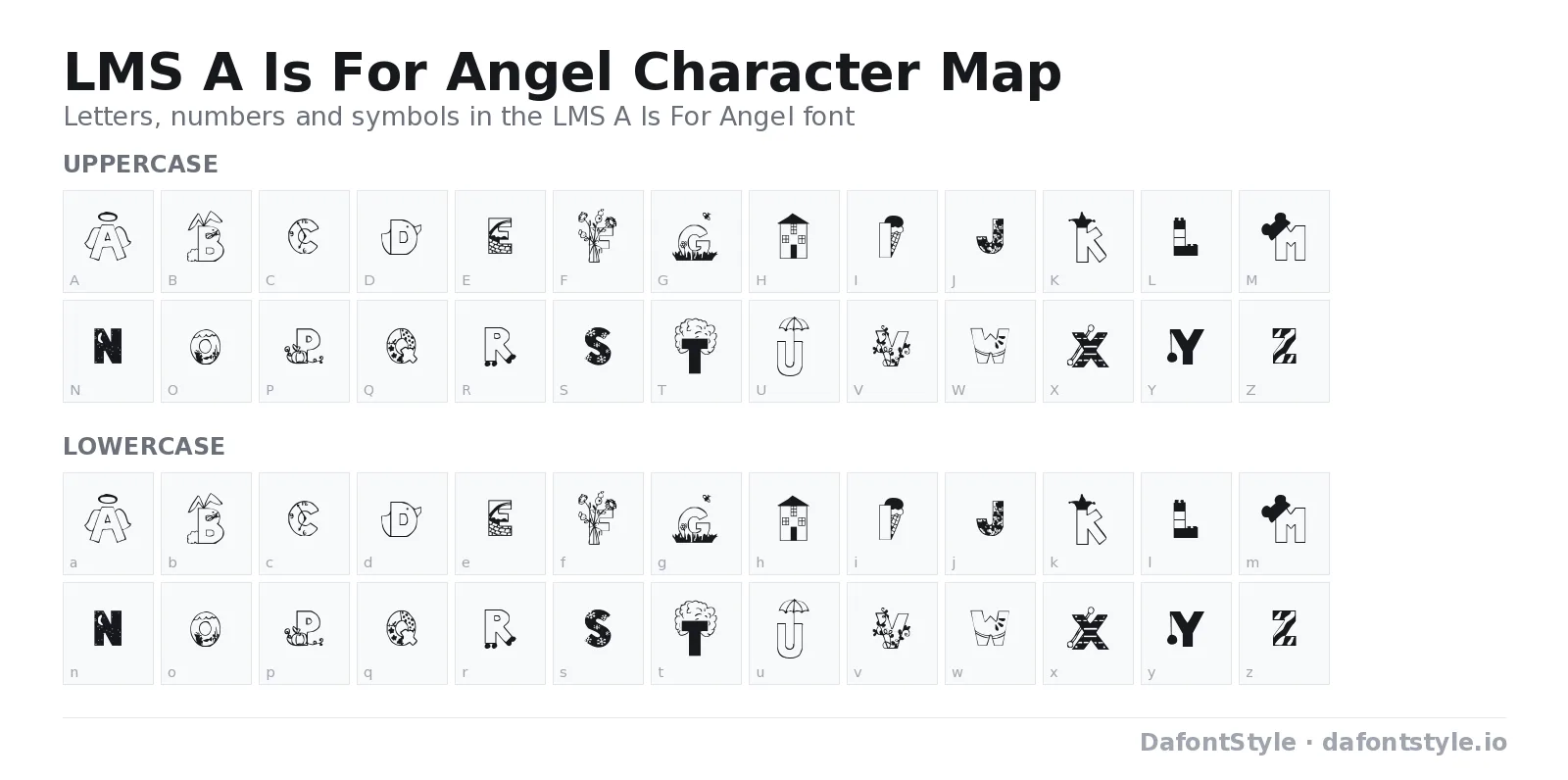 LMS A Is For Angel font character map with uppercase and lowercase letters, numbers and symbols