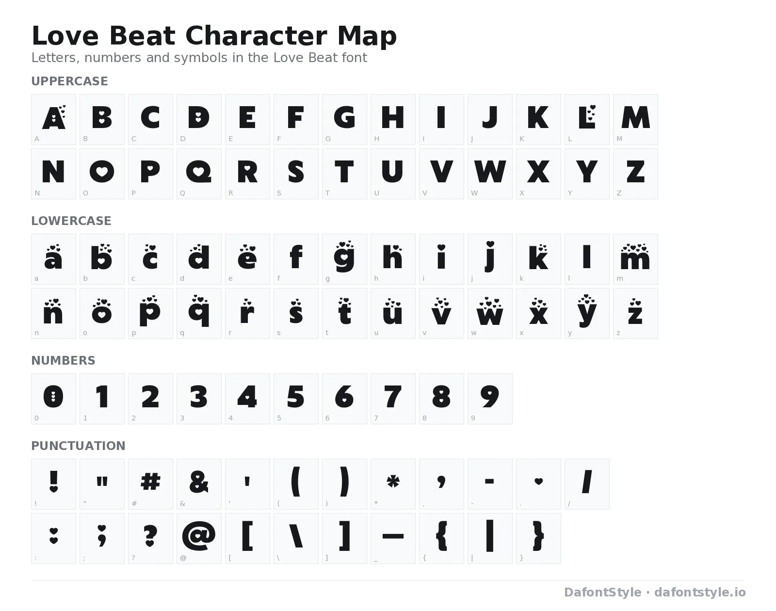 Love Beat font character map with uppercase and lowercase letters, numbers and symbols
