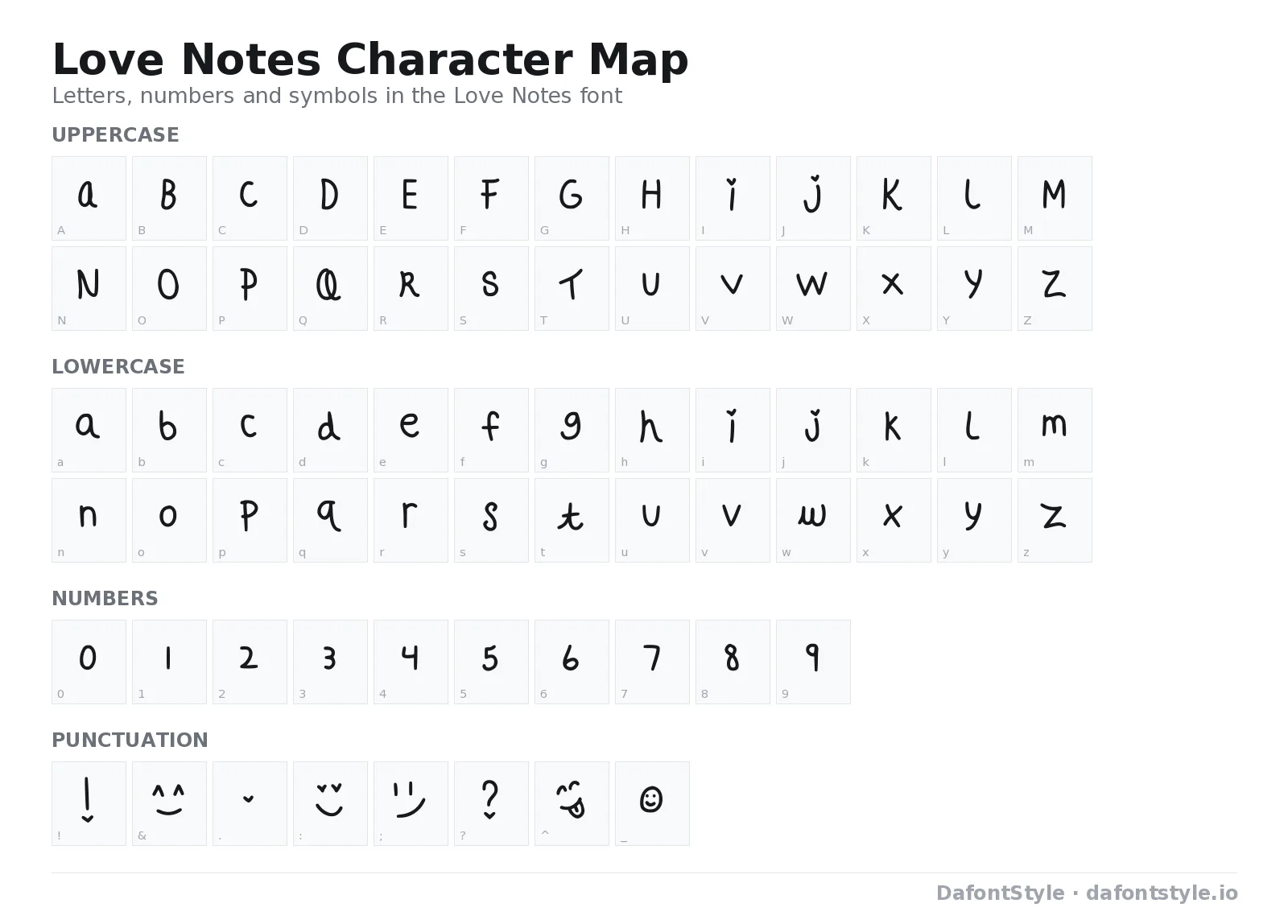 Love Notes font character map with uppercase and lowercase letters, numbers and symbols