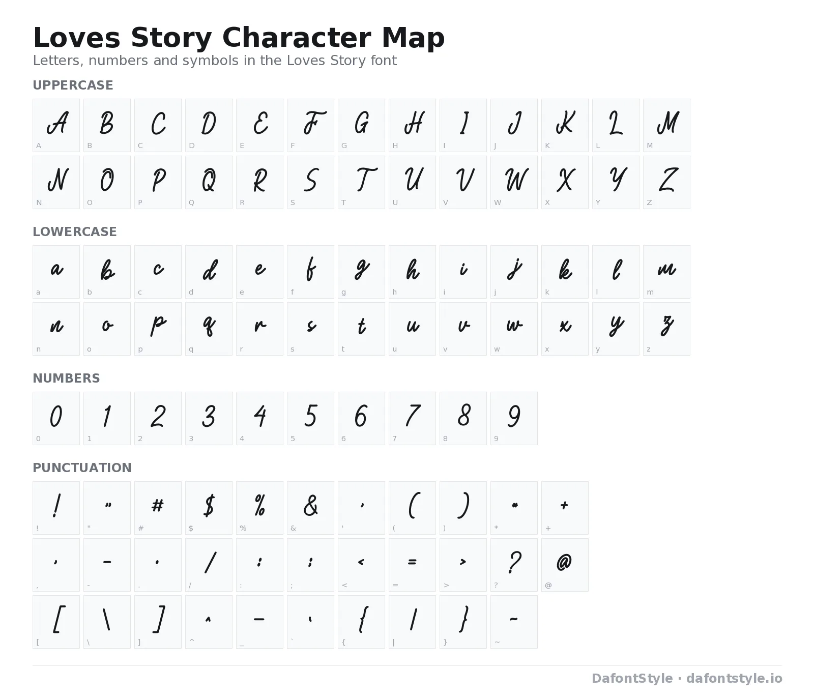 Loves Story font character map with uppercase and lowercase letters, numbers and symbols
