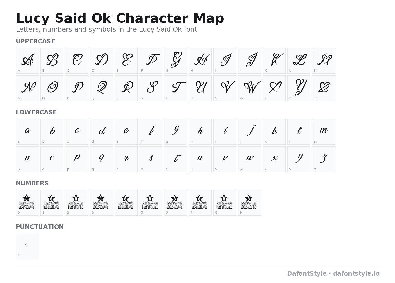Lucy Said Ok font character map with uppercase and lowercase letters, numbers and symbols