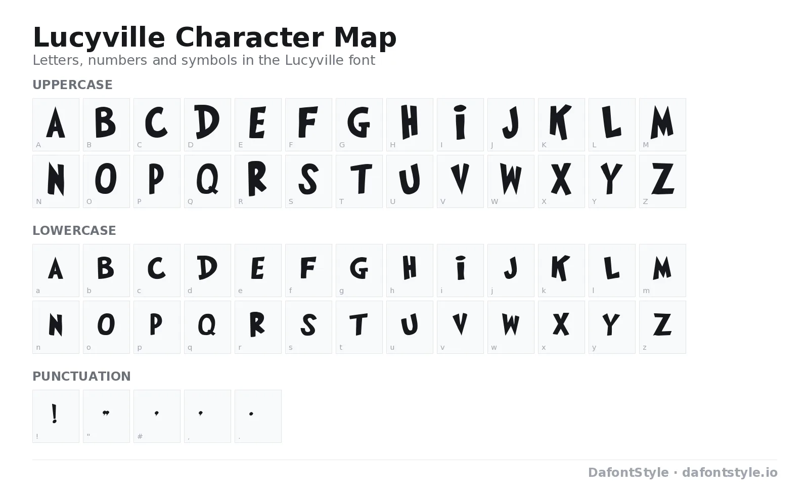 Lucyville font character map with uppercase and lowercase letters, numbers and symbols