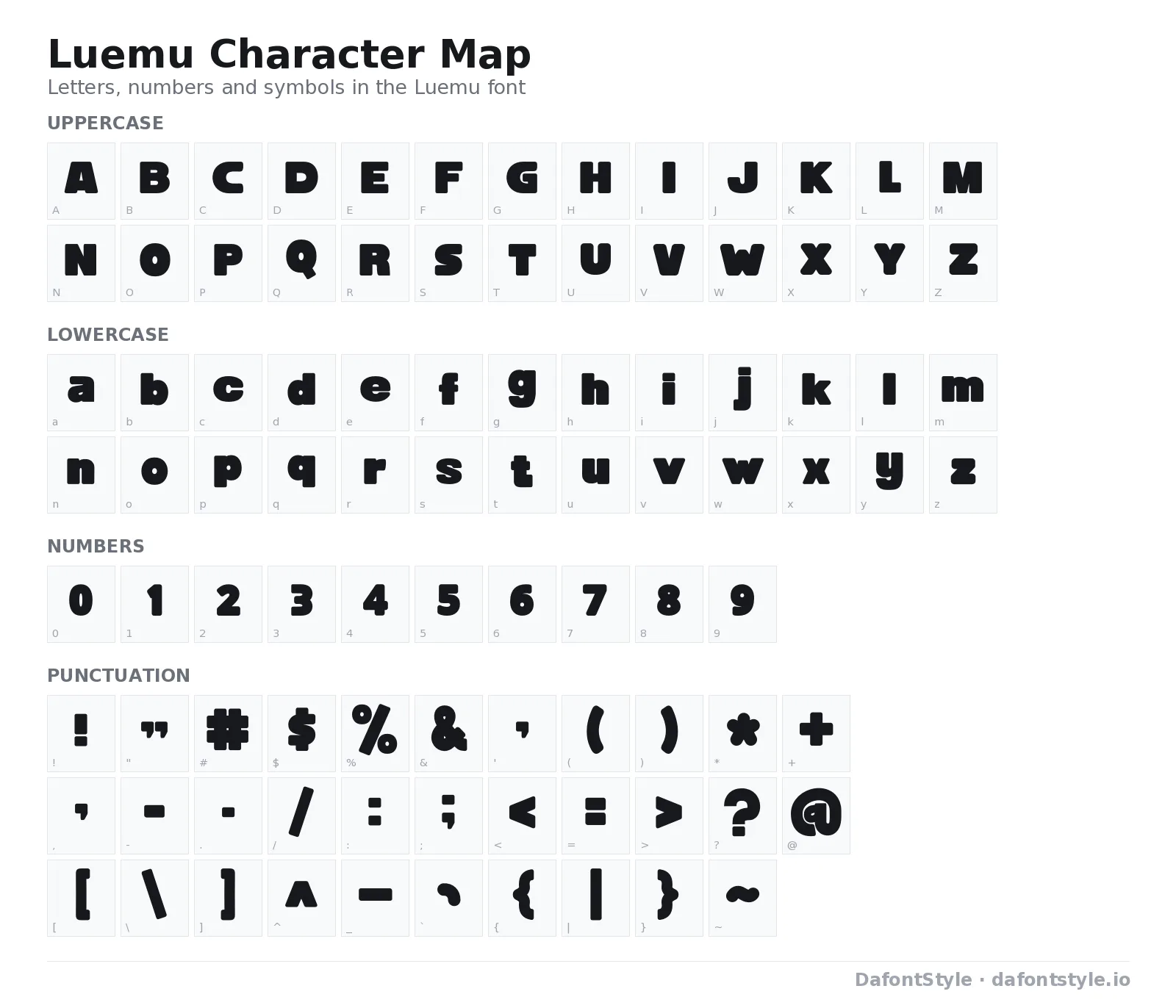 Luemu font character map with uppercase and lowercase letters, numbers and symbols