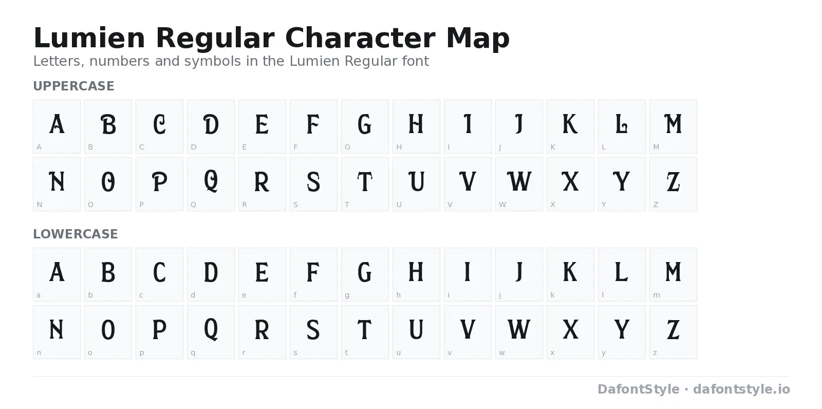 Lumien Regular font character map with uppercase and lowercase letters, numbers and symbols