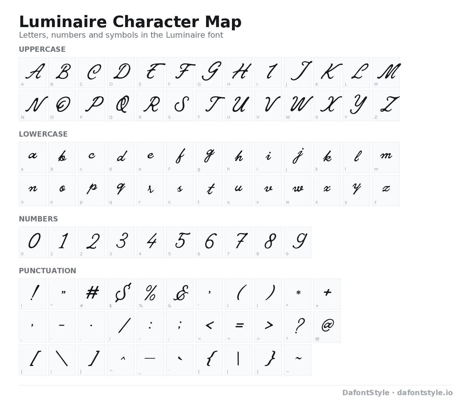 Luminaire font character map with uppercase and lowercase letters, numbers and symbols